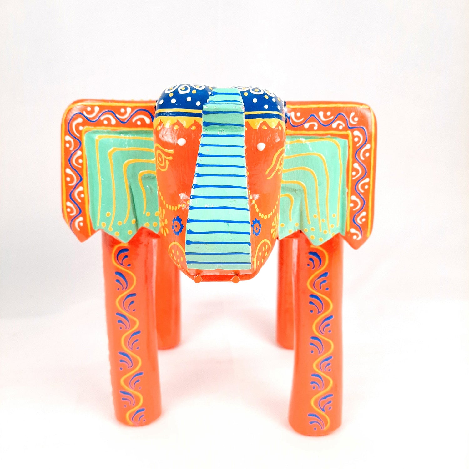 Elephant Table Showpiece | Animal Figurines - For Home, Living Room Decor & Gifts | Small Wood Stool - For Placing Small Pots & Showpieces - 8 Inch - apkamart #Color_Orange