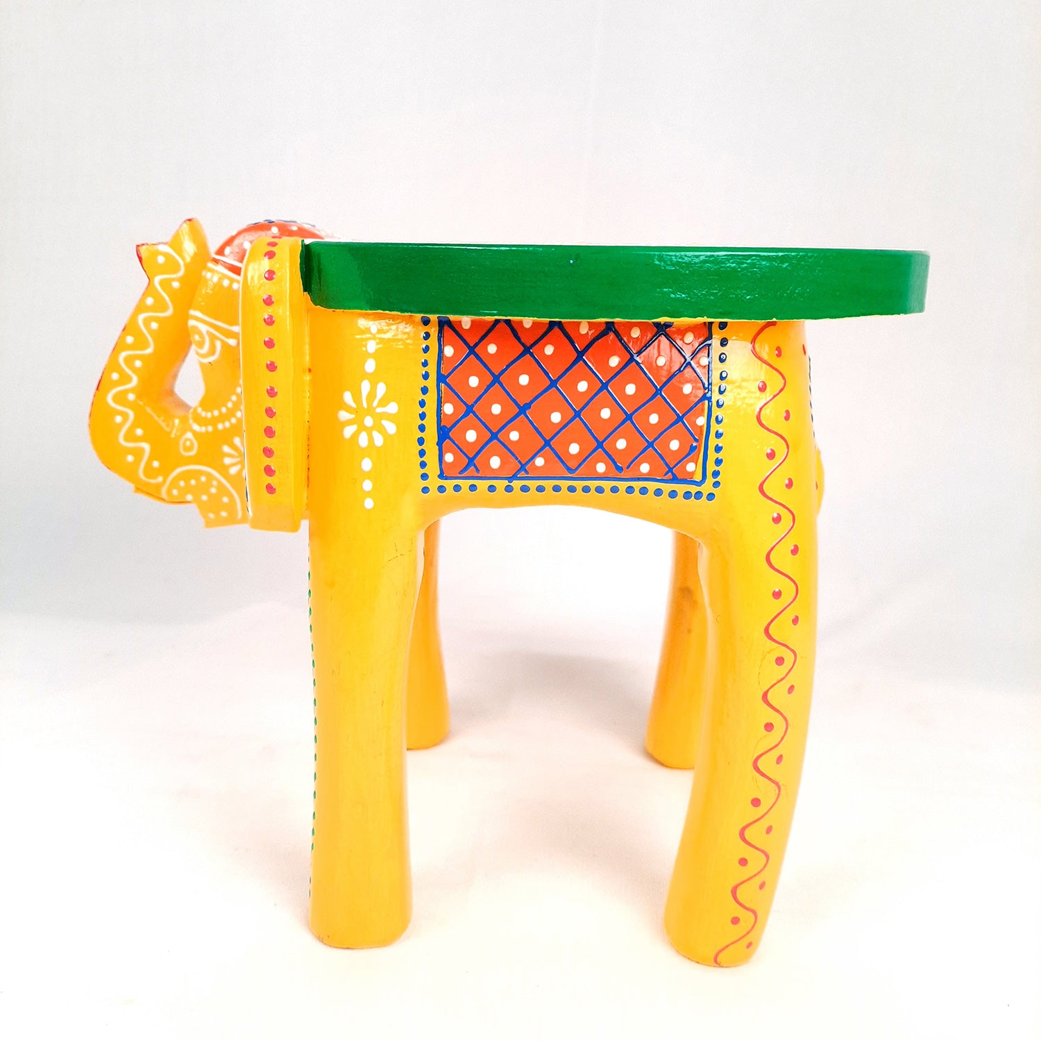 Elephant Table Showpiece | Animal Figurines - For Home, Living Room Decor & Gifts | Small Wood Stool - For Placing Small Pots & Showpieces - 8 Inch - apkamart #Color_Yellow