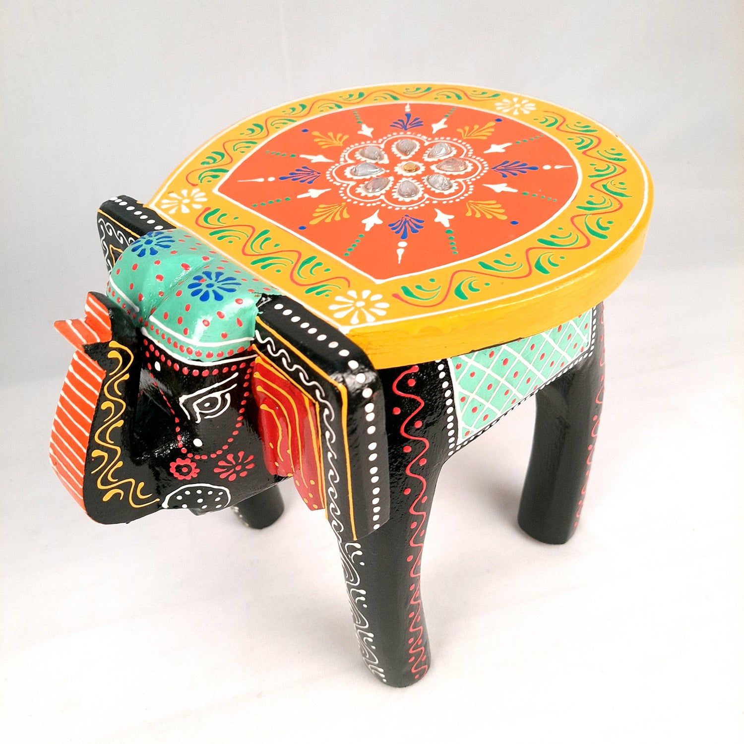 Elephant Table Showpiece | Animal Figurines - For Home, Living Room Decor & Gifts | Small Wood Stool - For Placing Small Pots & Showpieces - 8 Inch - apkamart #Color_Black