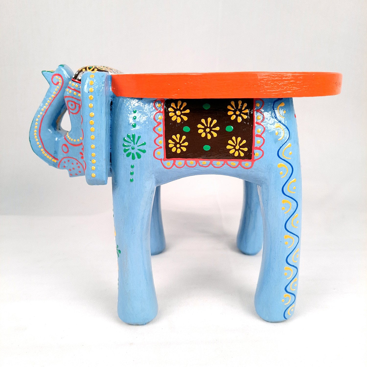 Elephant Table Showpiece | Animal Figurines - For Home, Living Room Decor & Gifts | Small Wood Stool - For Placing Small Pots & Showpieces - 8 Inch - apkamart #Color_Light Blue