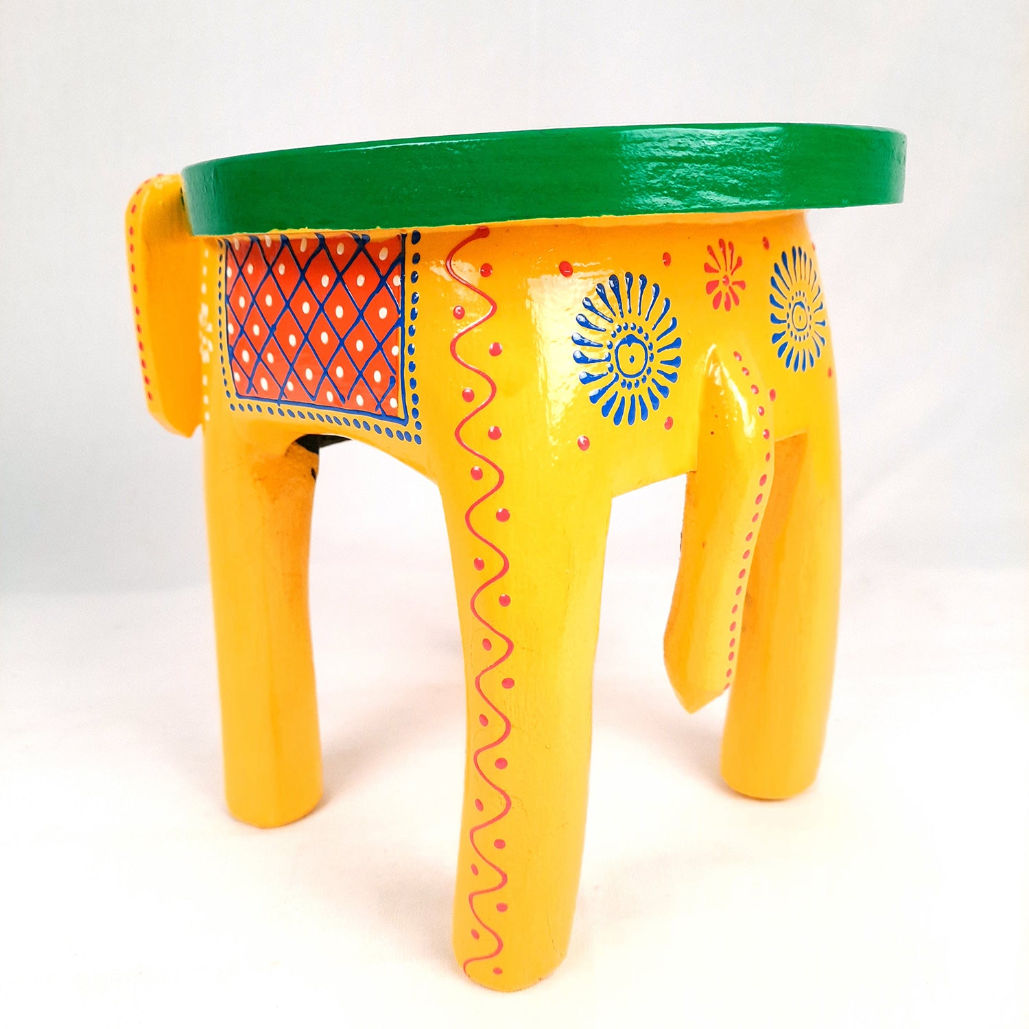 Elephant Table Showpiece | Animal Figurines - For Home, Living Room Decor & Gifts | Small Wood Stool - For Placing Small Pots & Showpieces - 8 Inch - apkamart #Color_Yellow