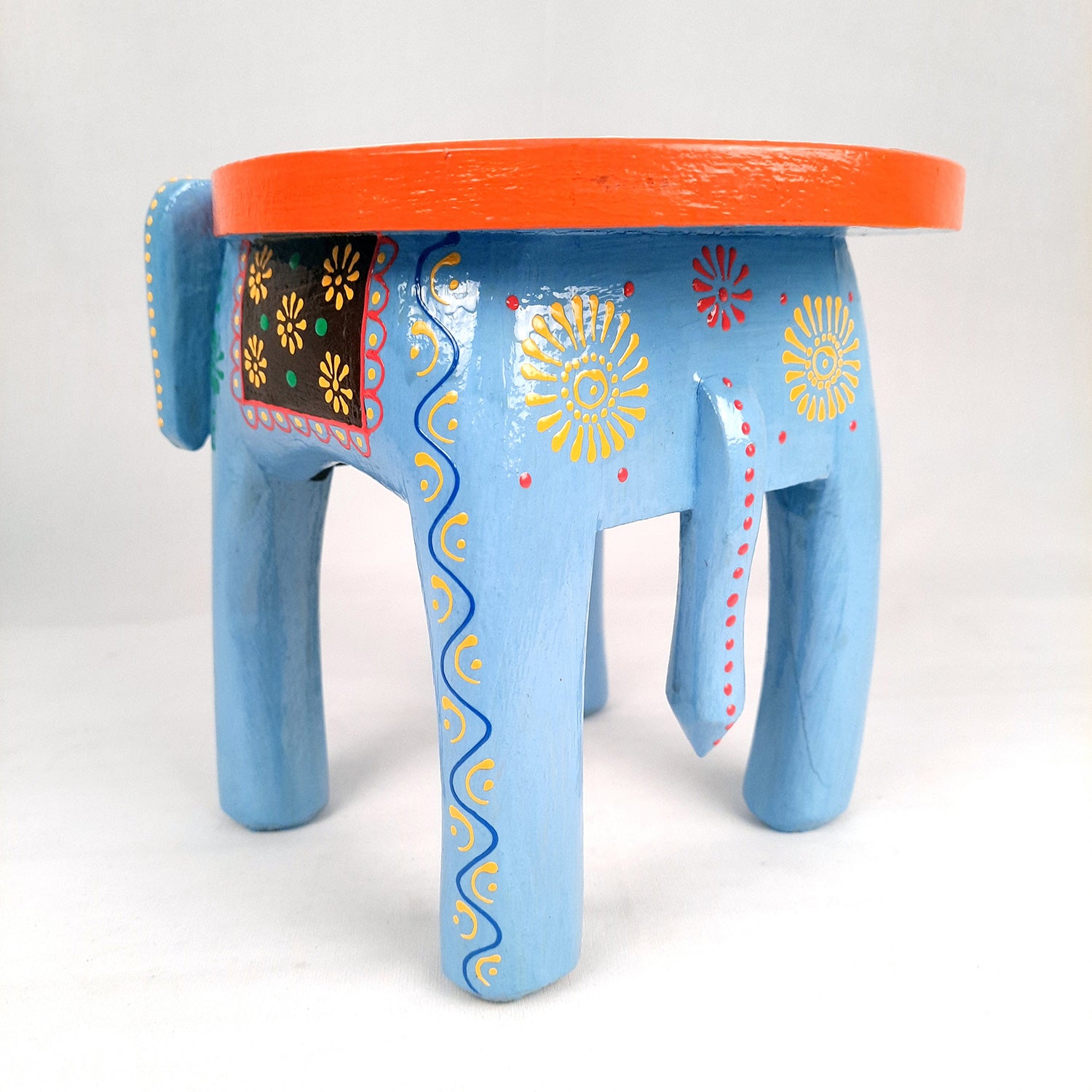 Elephant Table Showpiece | Animal Figurines - For Home, Living Room Decor & Gifts | Small Wood Stool - For Placing Small Pots & Showpieces - 8 Inch - apkamart #Color_Light Blue