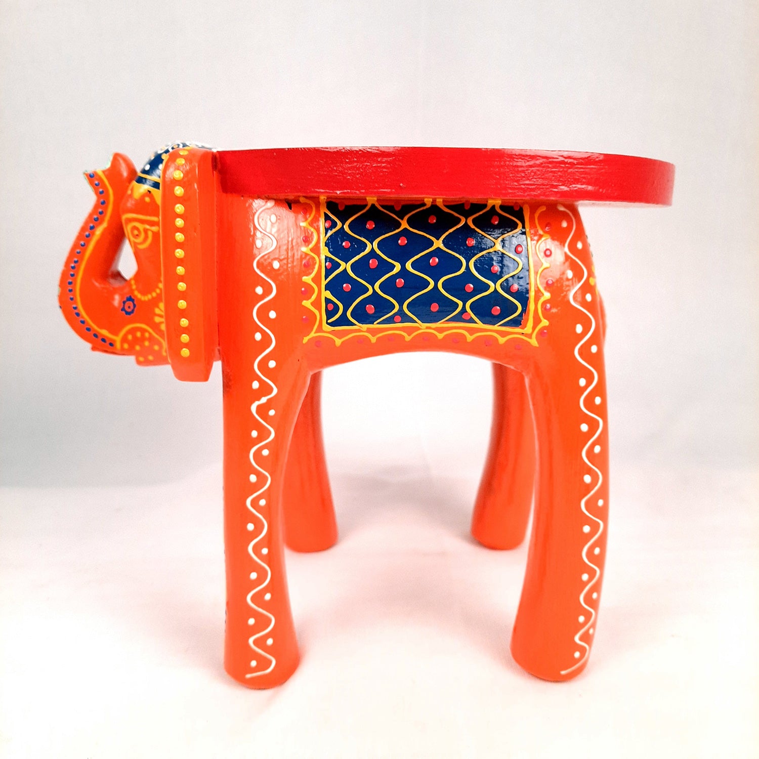 Elephant Table Showpiece | Animal Figurines - For Home, Living Room Decor & Gifts | Small Wood Stool - For Placing Small Pots & Showpieces - 8 Inch - apkamart #Color_Orange