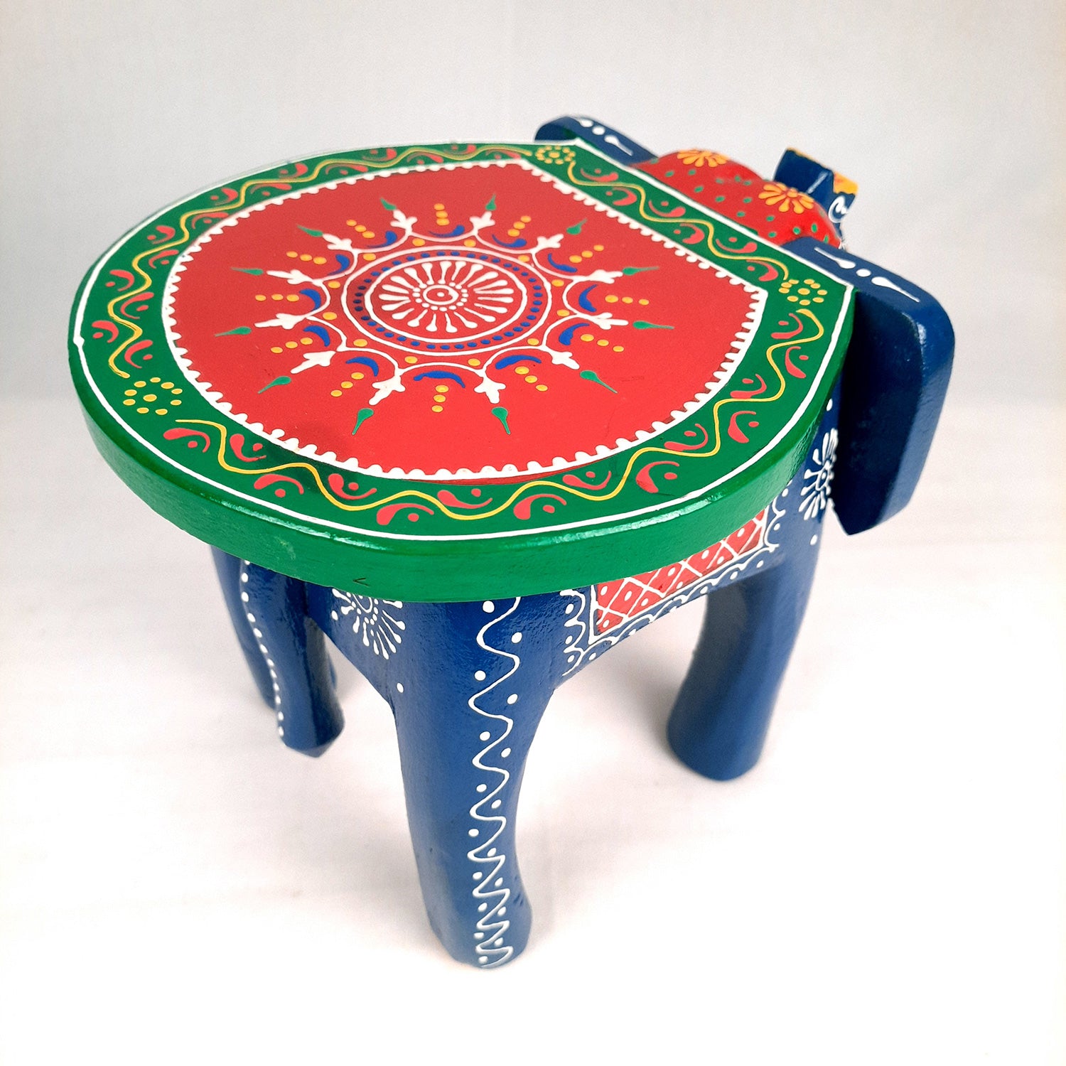 Elephant Table Showpiece | Animal Figurines - For Home, Living Room Decor & Gifts | Small Wood Stool - For Placing Small Pots & Showpieces - 8 Inch - apkamart #Color_Dark Blue