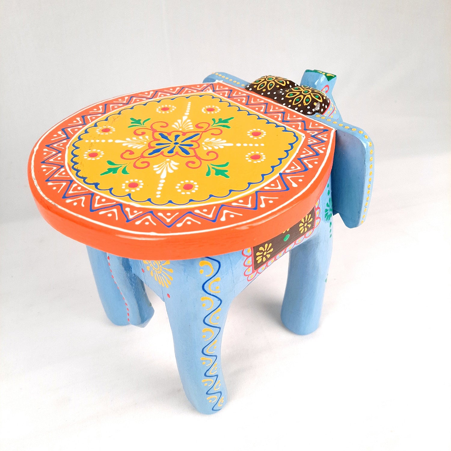 Elephant Table Showpiece | Animal Figurines - For Home, Living Room Decor & Gifts | Small Wood Stool - For Placing Small Pots & Showpieces - 8 Inch - apkamart #Color_Light Blue