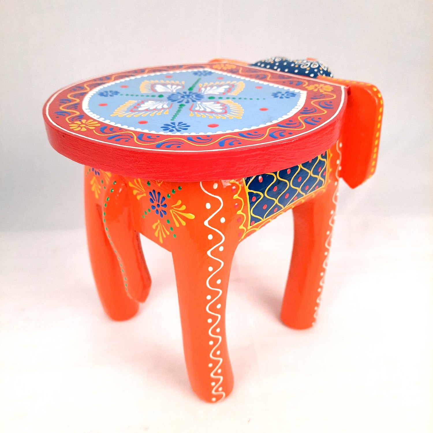 Elephant Table Showpiece | Animal Figurines - For Home, Living Room Decor & Gifts | Small Wood Stool - For Placing Small Pots & Showpieces - 8 Inch - apkamart #Color_Orange