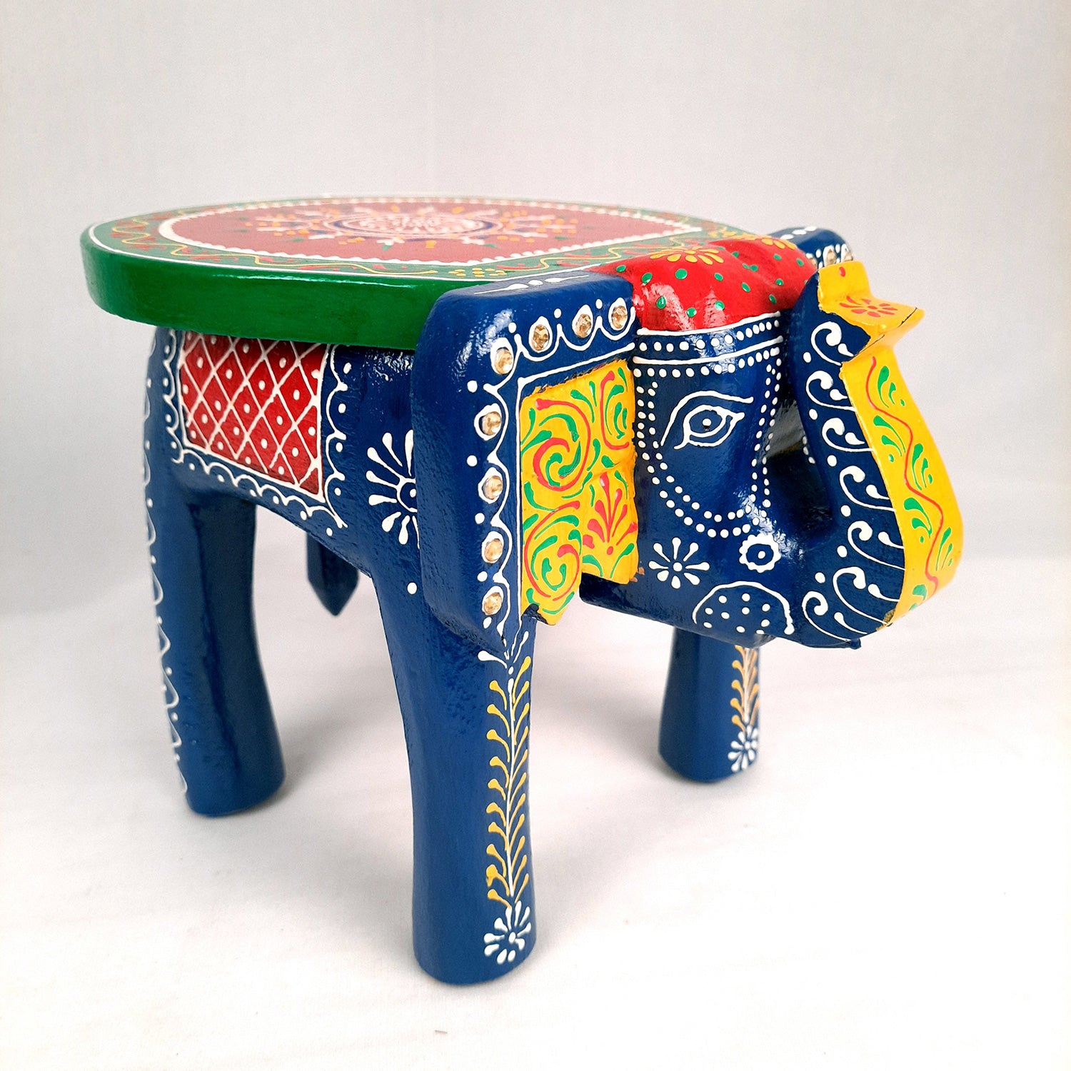 Elephant Table Showpiece | Animal Figurines - For Home, Living Room Decor & Gifts | Small Wood Stool - For Placing Small Pots & Showpieces - 8 Inch - apkamart #Color_Dark Blue