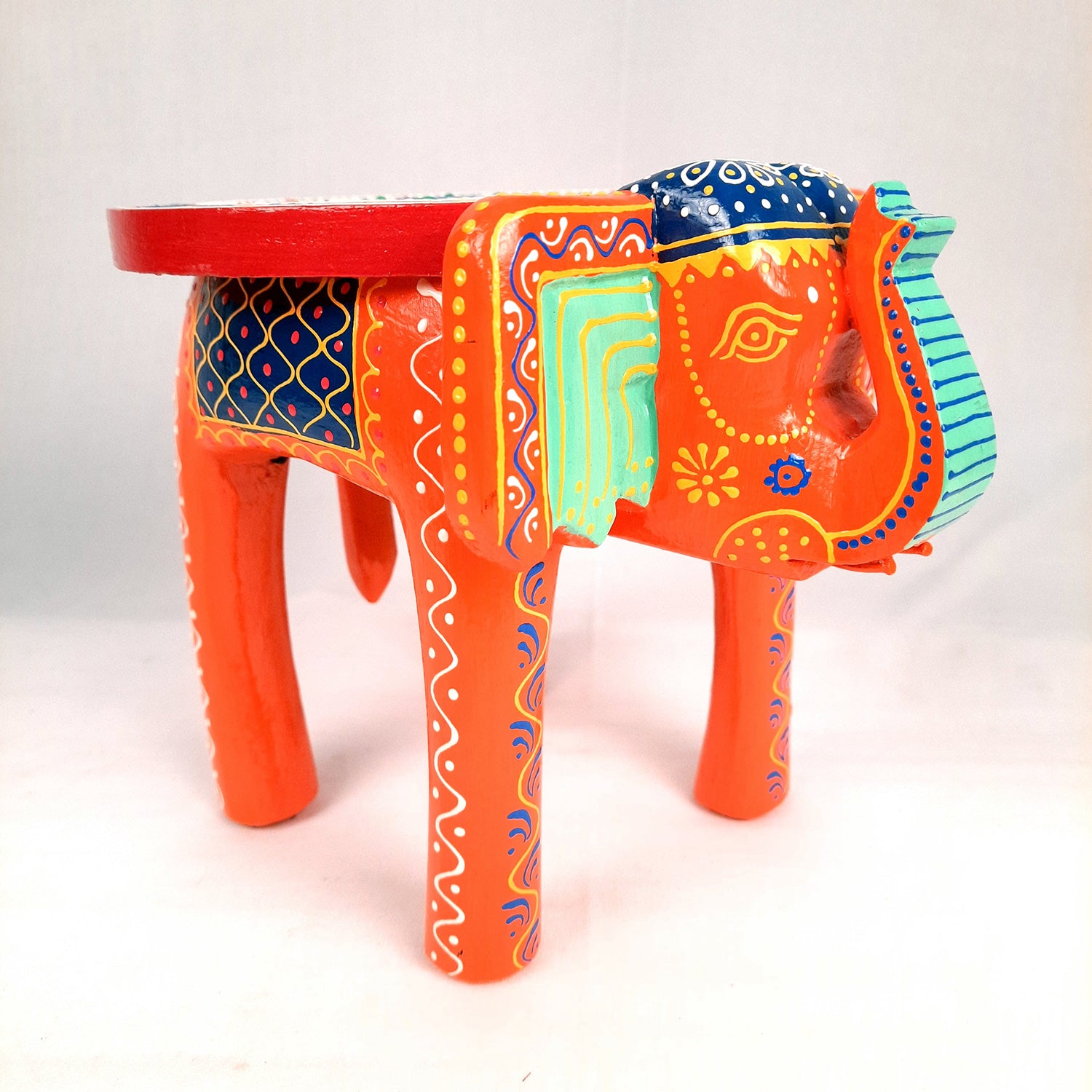 Elephant Table Showpiece | Animal Figurines - For Home, Living Room Decor & Gifts | Small Wood Stool - For Placing Small Pots & Showpieces - 8 Inch - apkamart #Color_Orange