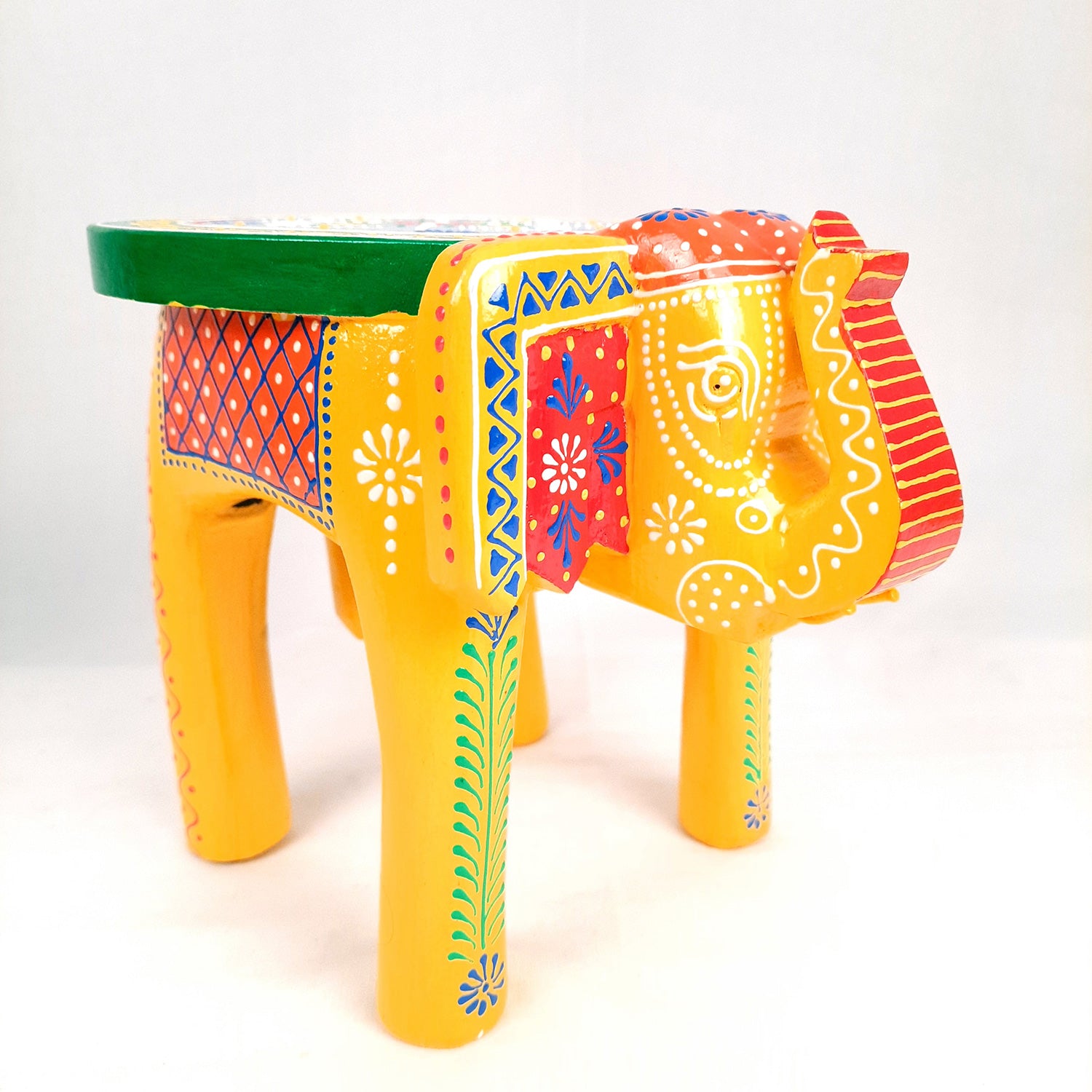 Elephant Table Showpiece | Animal Figurines - For Home, Living Room Decor & Gifts | Small Wood Stool - For Placing Small Pots & Showpieces - 8 Inch - apkamart #Color_Yellow