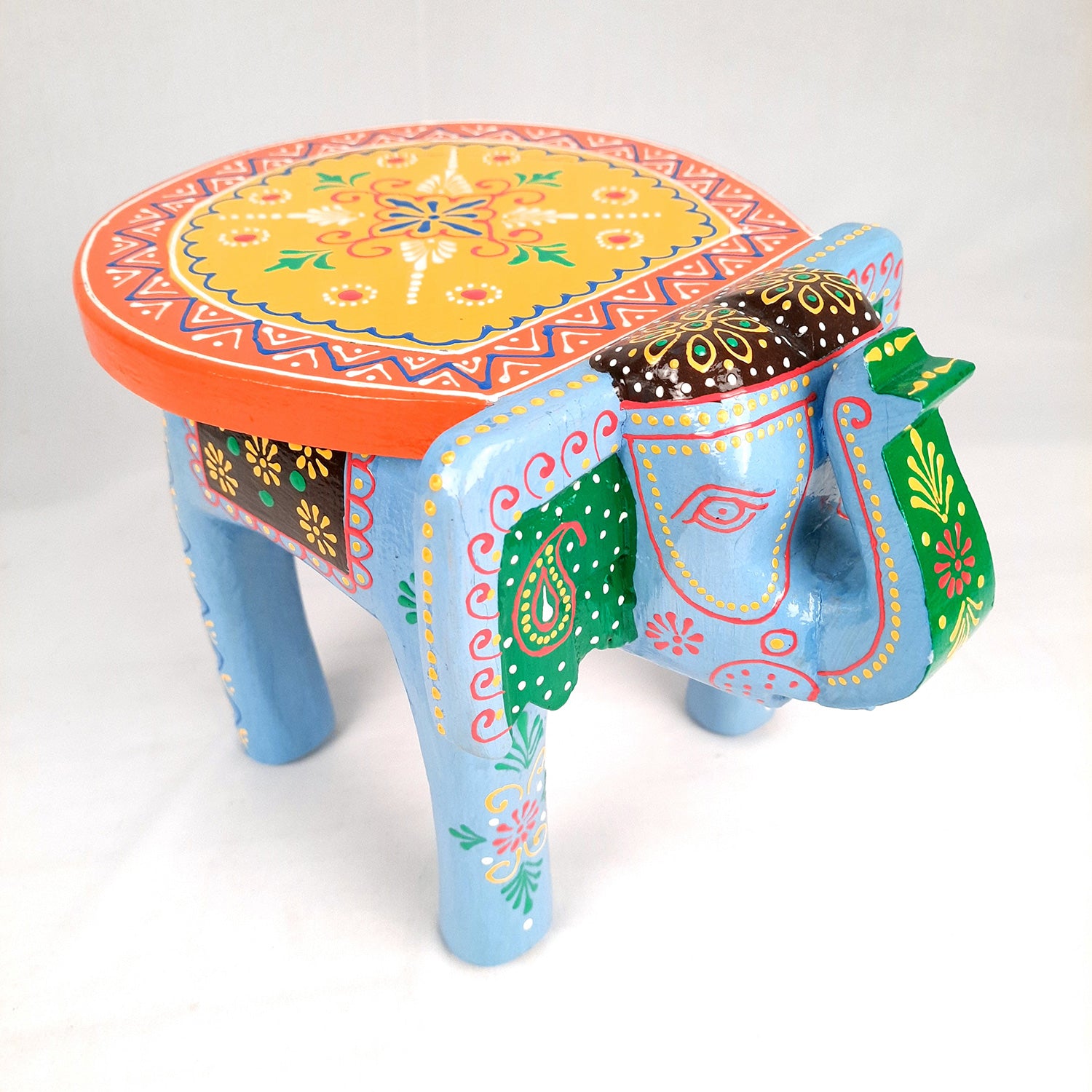 Elephant Table Showpiece | Animal Figurines - For Home, Living Room Decor & Gifts | Small Wood Stool - For Placing Small Pots & Showpieces - 8 Inch - apkamart #Color_Light Blue