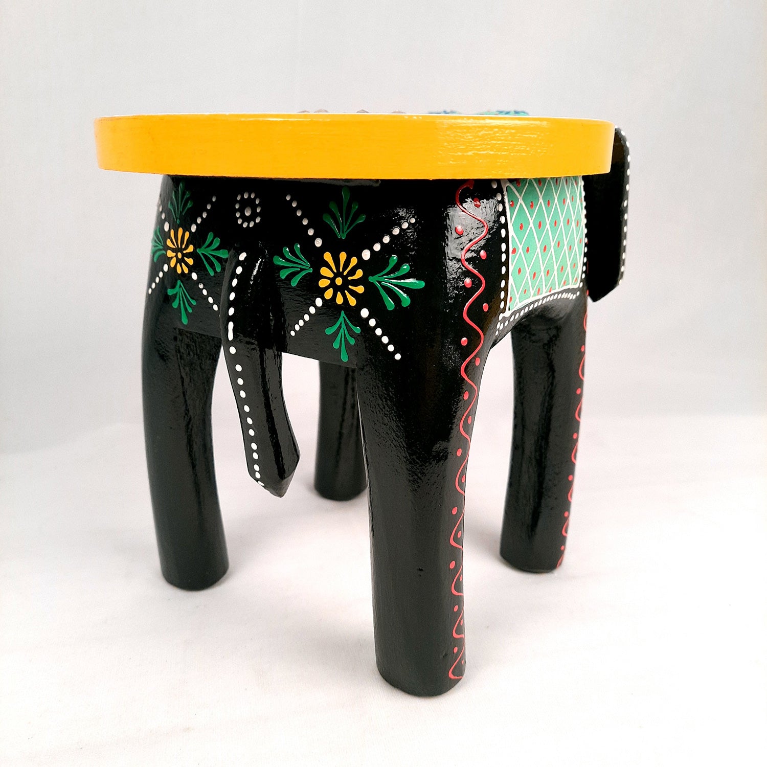 Elephant Table Showpiece | Animal Figurines - For Home, Living Room Decor & Gifts | Small Wood Stool - For Placing Small Pots & Showpieces - 8 Inch - apkamart #Color_Black