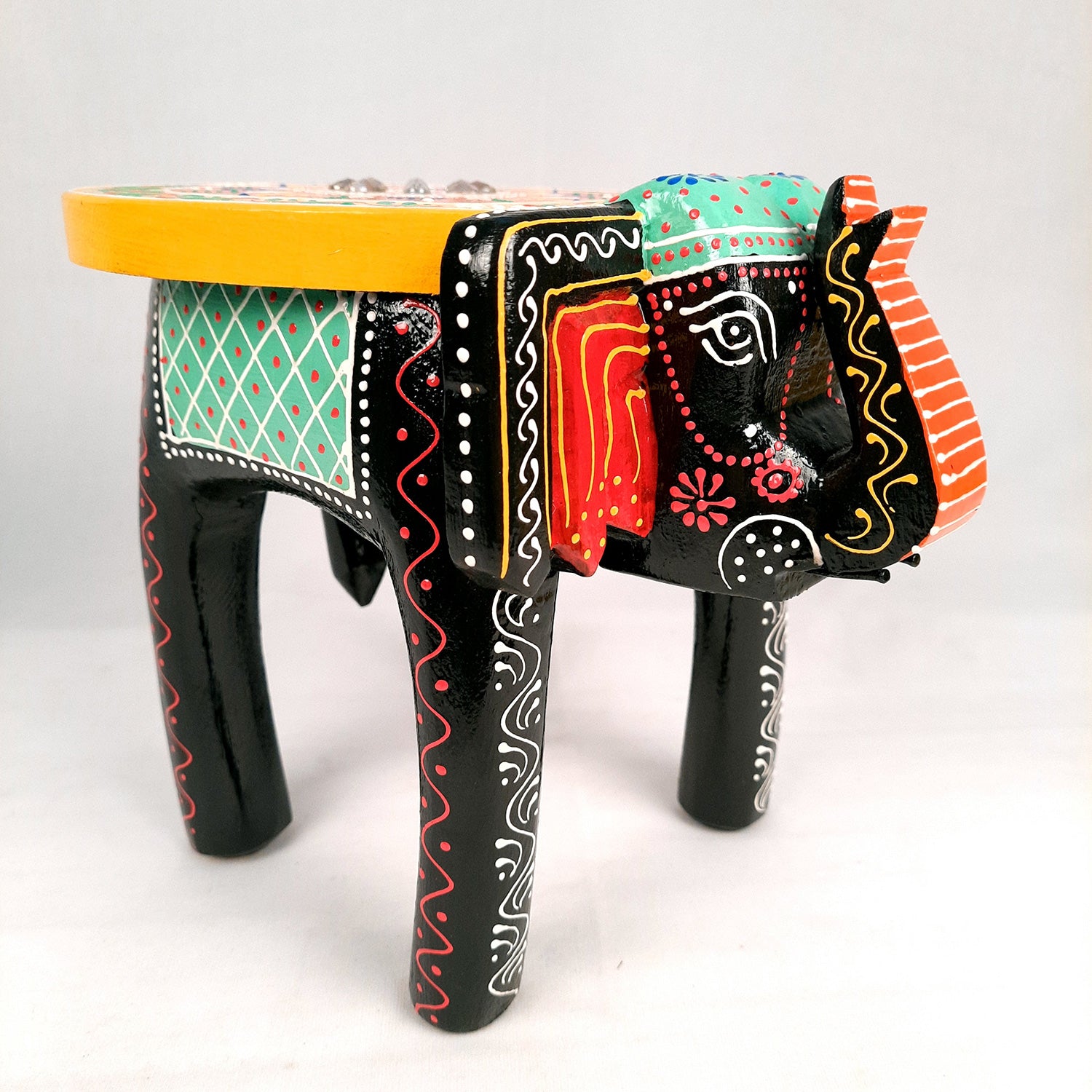 Elephant Table Showpiece | Animal Figurines - For Home, Living Room Decor & Gifts | Small Wood Stool - For Placing Small Pots & Showpieces - 8 Inch - apkamart #Color_Black