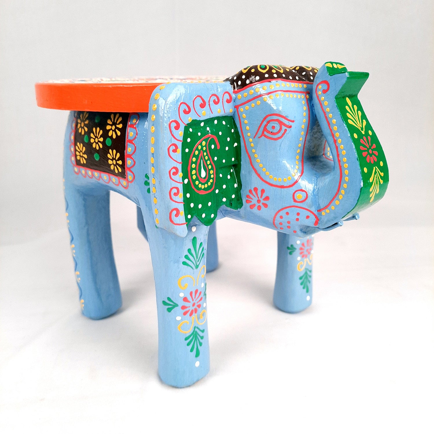 Elephant Table Showpiece | Animal Figurines - For Home, Living Room Decor & Gifts | Small Wood Stool - For Placing Small Pots & Showpieces - 8 Inch - apkamart #Color_Light Blue