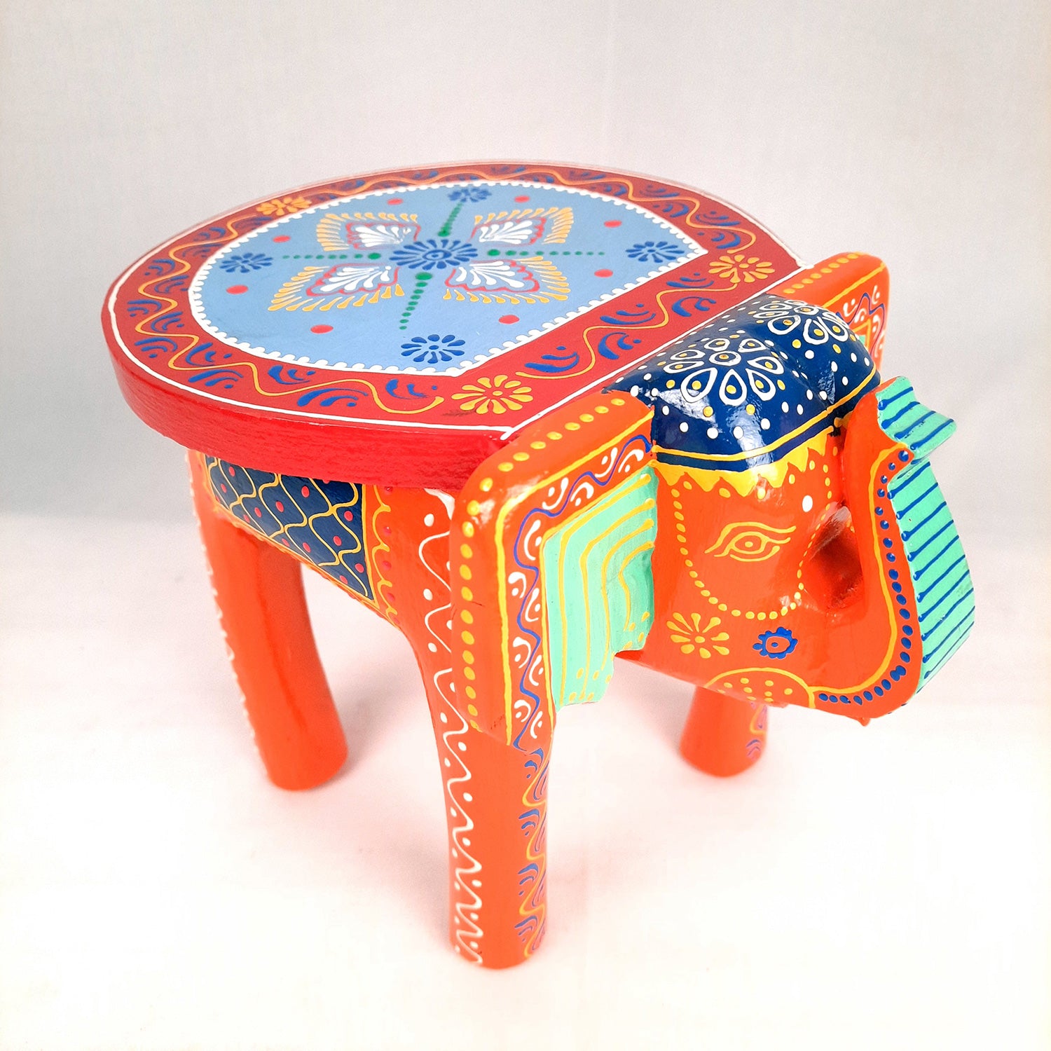 Elephant Table Showpiece | Animal Figurines - For Home, Living Room Decor & Gifts | Small Wood Stool - For Placing Small Pots & Showpieces - 8 Inch - apkamart #Color_Orange