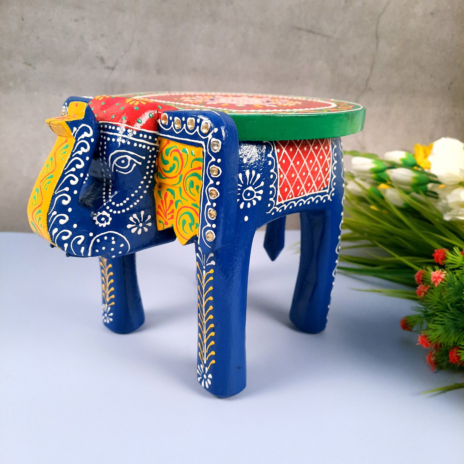 Elephant Table Showpiece | Animal Figurines - For Home, Living Room Decor & Gifts | Small Wood Stool - For Placing Small Pots & Showpieces - 8 Inch - apkamart #Color_Dark Blue