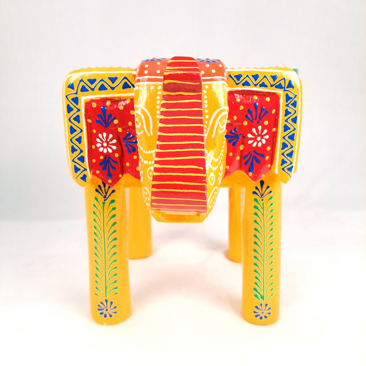 Elephant Table Showpiece | Animal Figurines - For Home, Living Room Decor & Gifts | Small Wood Stool - For Placing Small Pots & Showpieces - 8 Inch - apkamart #Color_Yellow