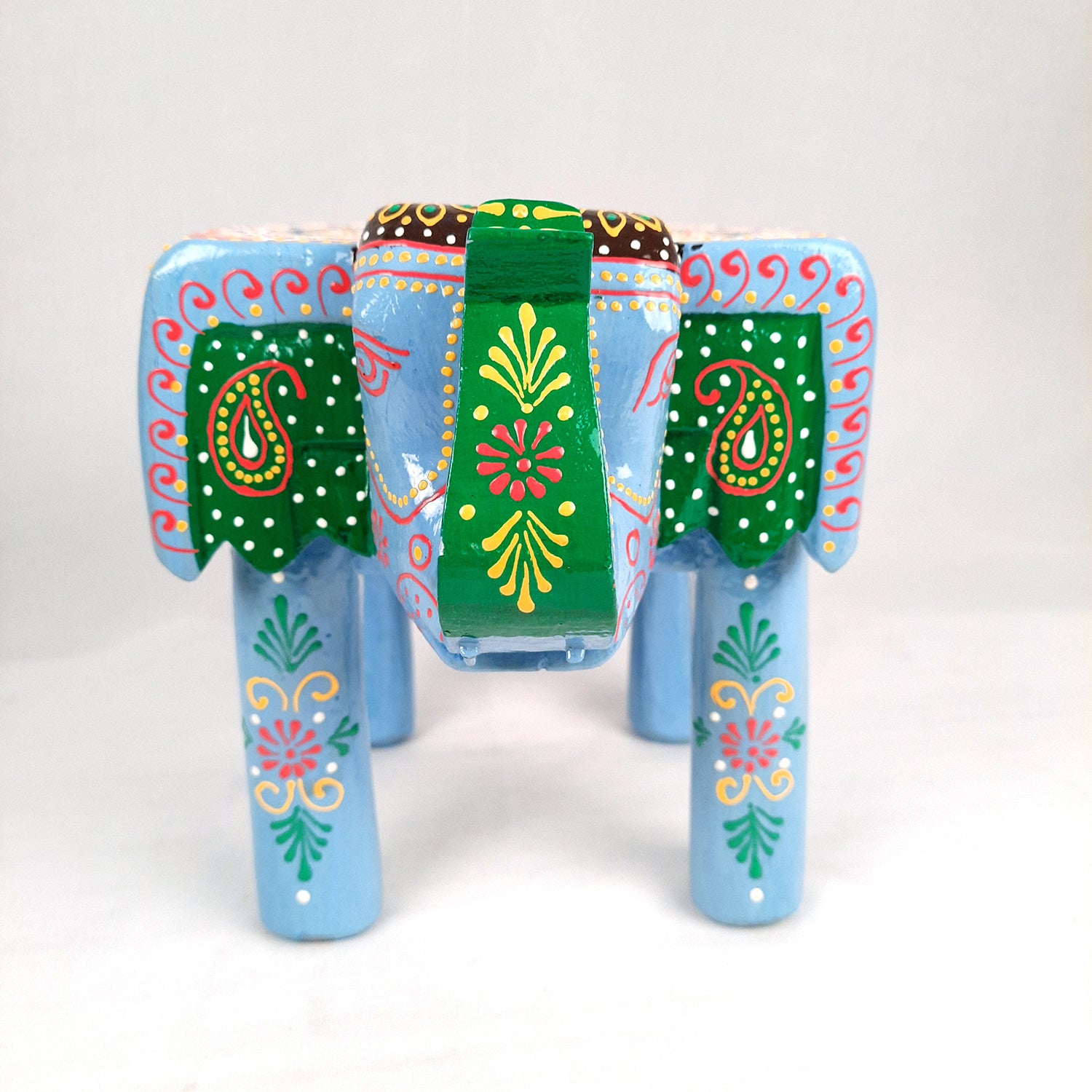 Elephant Table Showpiece | Animal Figurines - For Home, Living Room Decor & Gifts | Small Wood Stool - For Placing Small Pots & Showpieces - 8 Inch - apkamart #Color_Light Blue