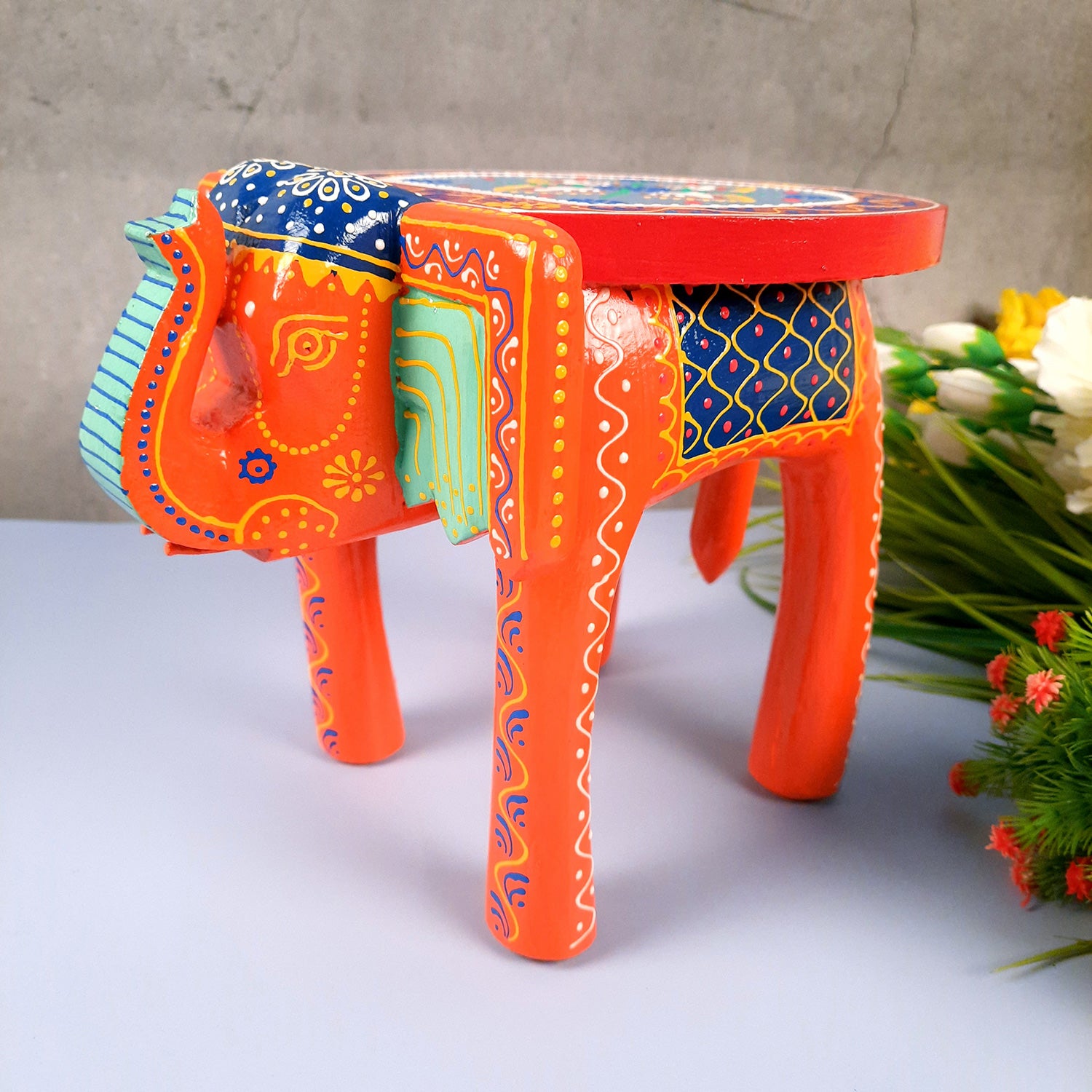 Elephant Table Showpiece | Animal Figurines - For Home, Living Room Decor & Gifts | Small Wood Stool - For Placing Small Pots & Showpieces - 8 Inch - apkamart #Color_Orange