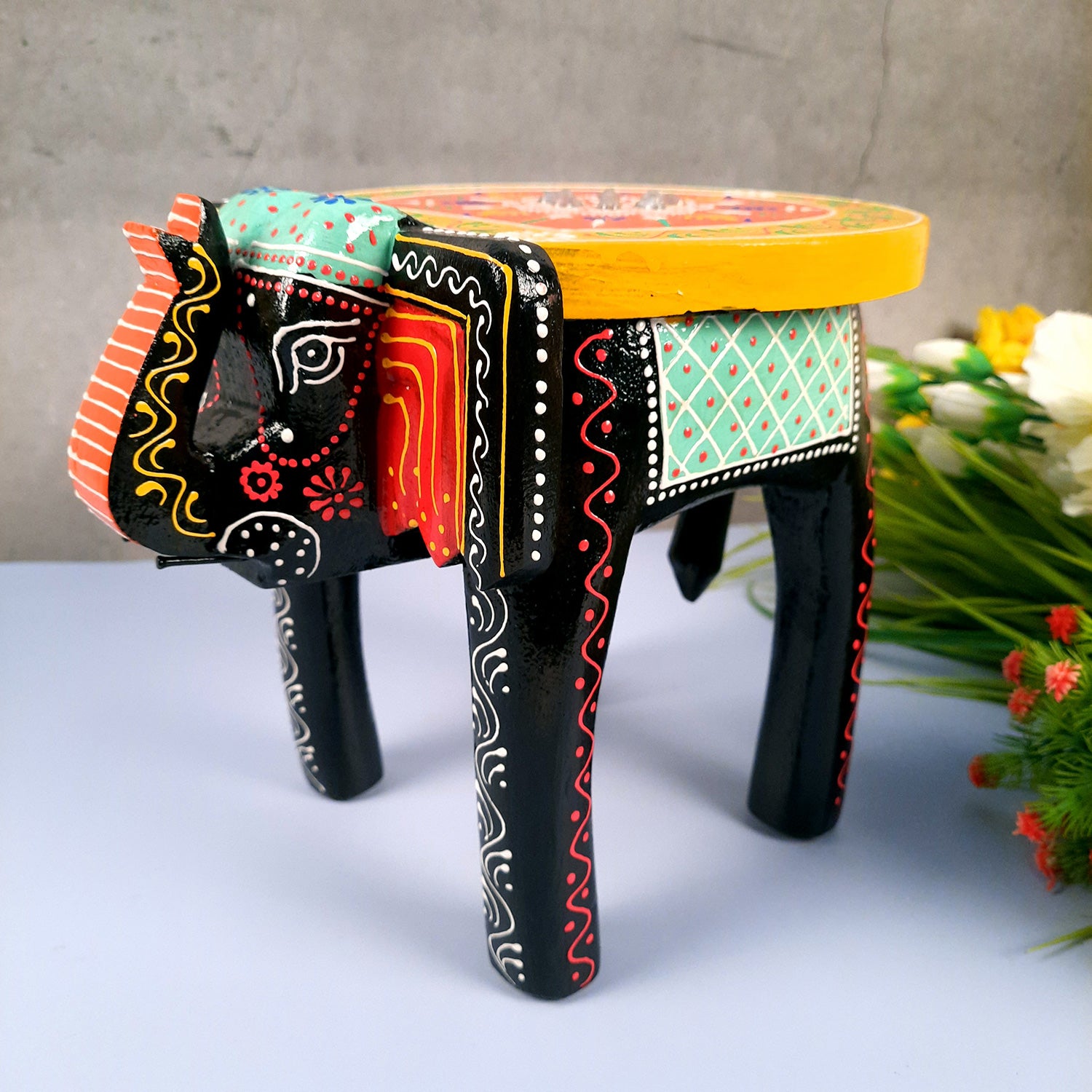 Elephant Table Showpiece | Animal Figurines - For Home, Living Room Decor & Gifts | Small Wood Stool - For Placing Small Pots & Showpieces - 8 Inch - apkamart #Color_Black