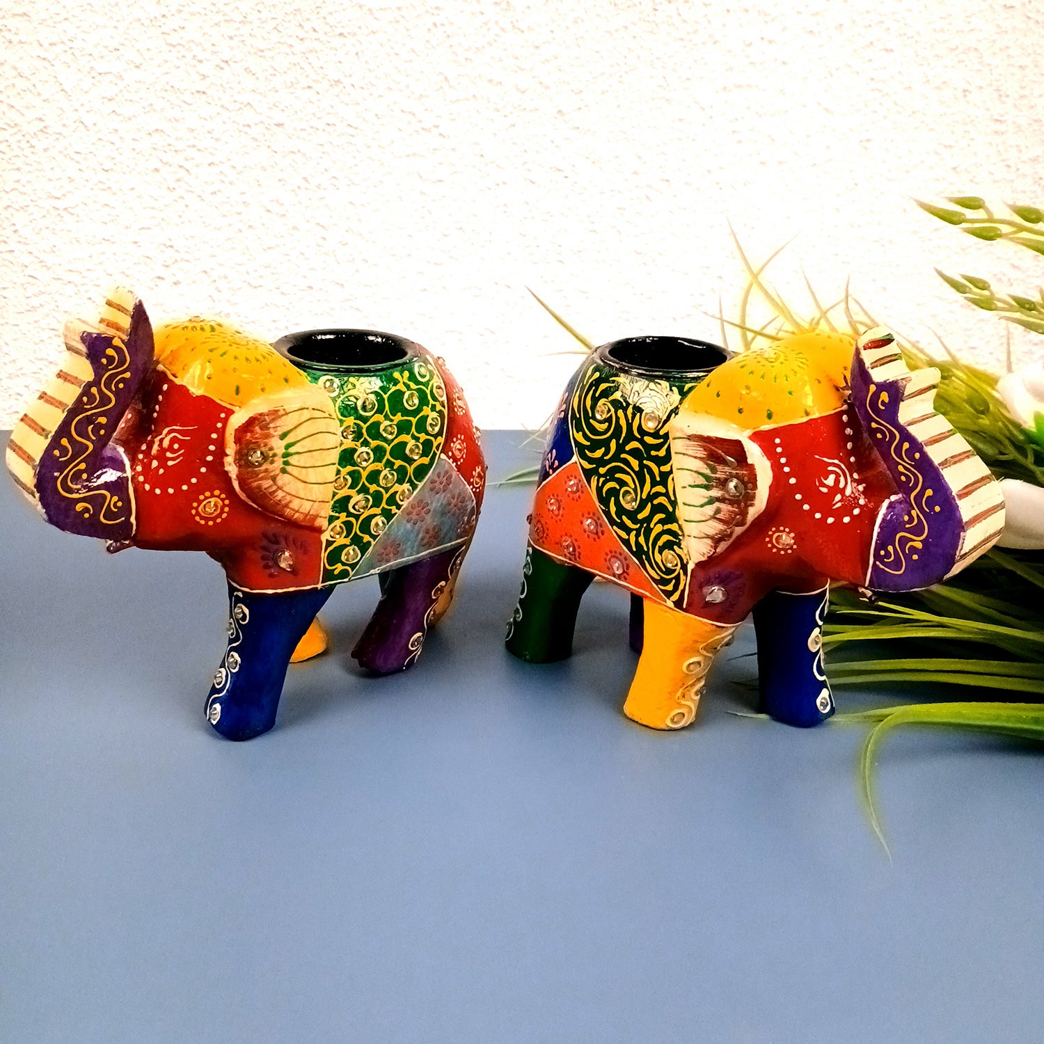 Elephant Tea Light Stand Showpiece | Decorative Candle Tealight Holder - For Home, Table, Living Room Decor | For Festival Decoration & Gifts - 6 Inch (Pack of 2) - Apkamart #Style_Set Of 2