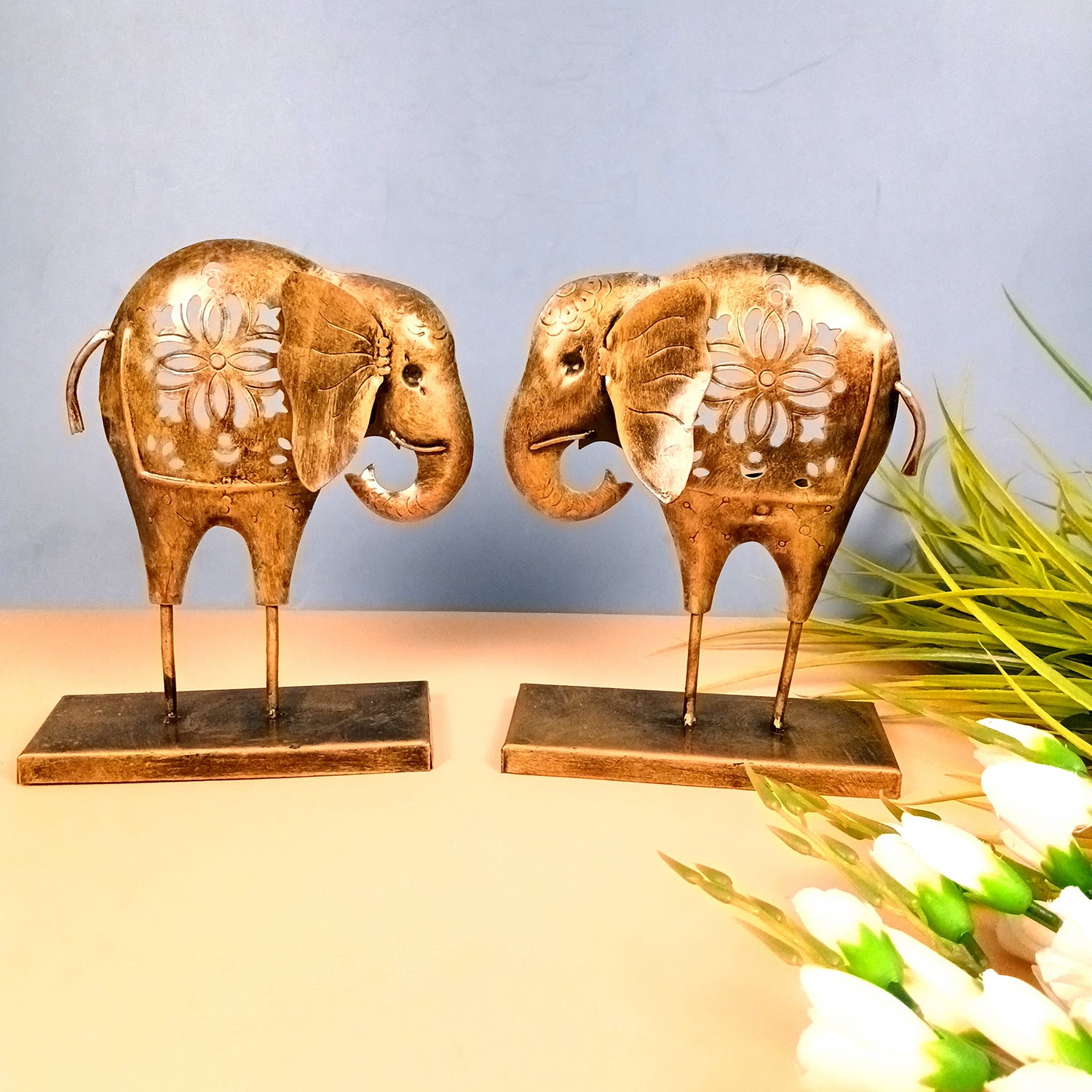 Elephant Tea Light Stand Showpiece | Decorative Candle Tealight Holder - for Home, Table, Living Room Decor | for Festival Decoration & Gifts - 9 Inch (Pack of 2) - Apkamart