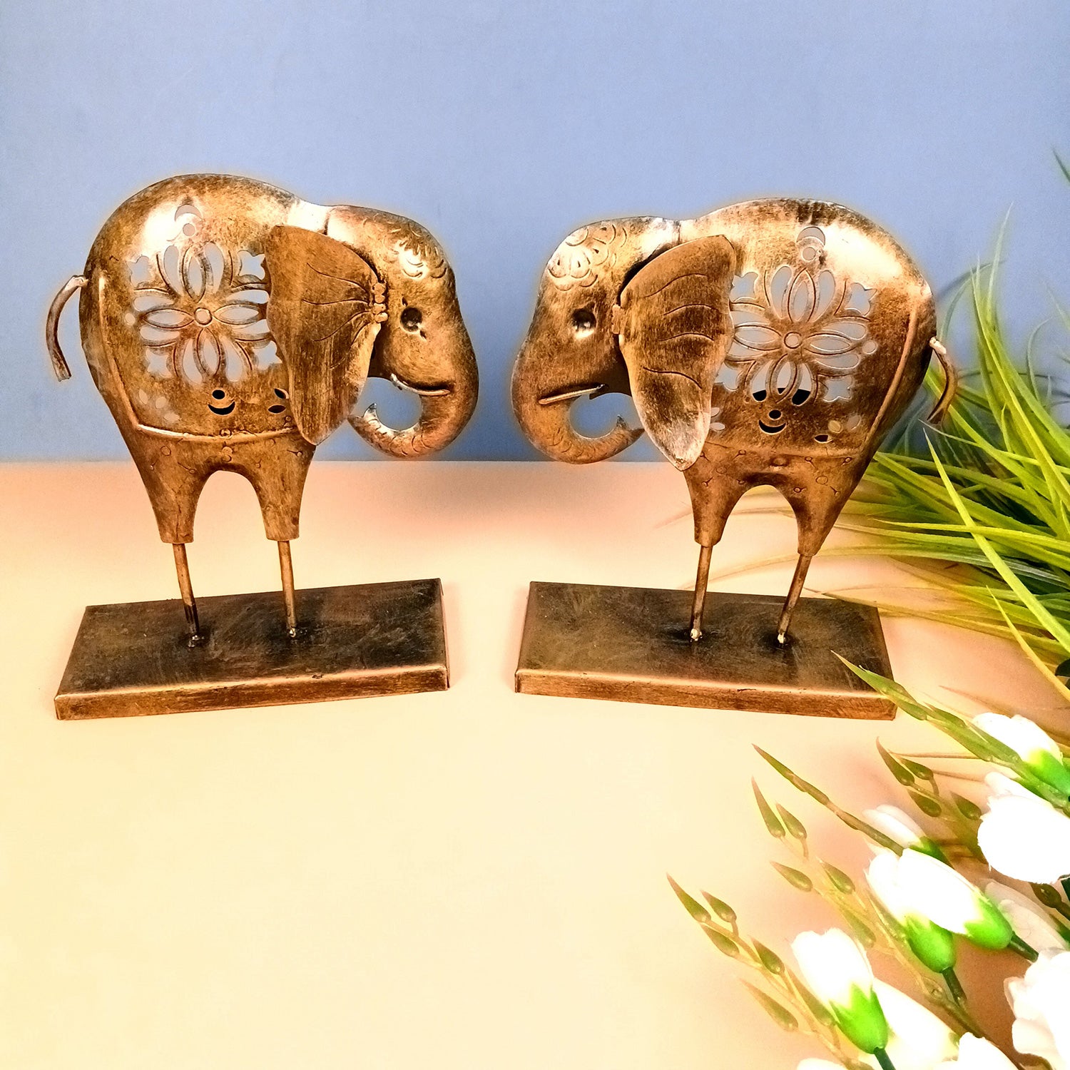 Elephant Tea Light Stand Showpiece | Decorative Candle Tealight Holder - for Home, Table, Living Room Decor | for Festival Decoration & Gifts - 9 Inch (Pack of 2) - Apkamart