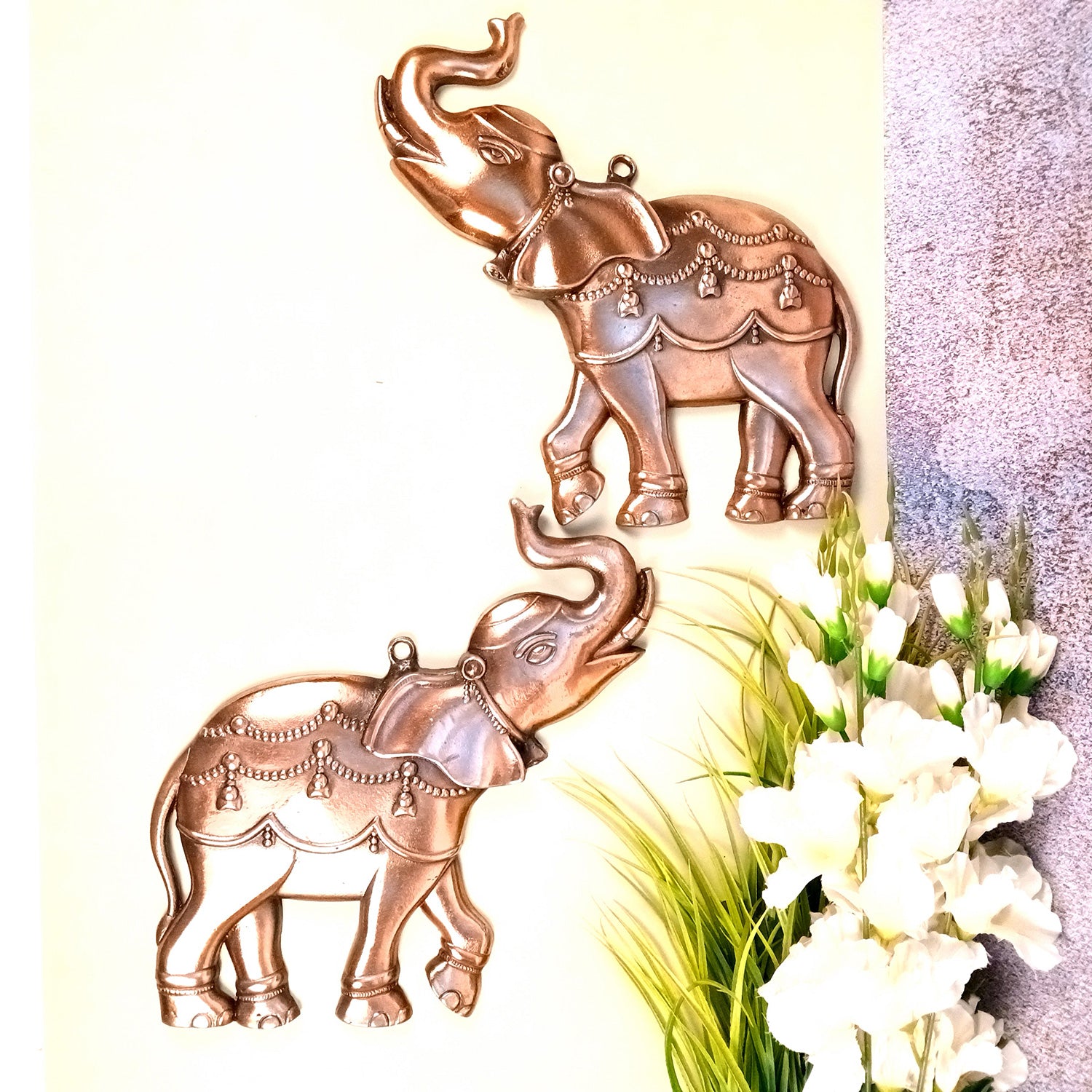 Elephant Wall Hanging | Metal Wall Art - For Vastu, Entrance, Home, Temple, Living Room Decor & Gifts- 13 Inch (Pack Of 2) - Apkamart