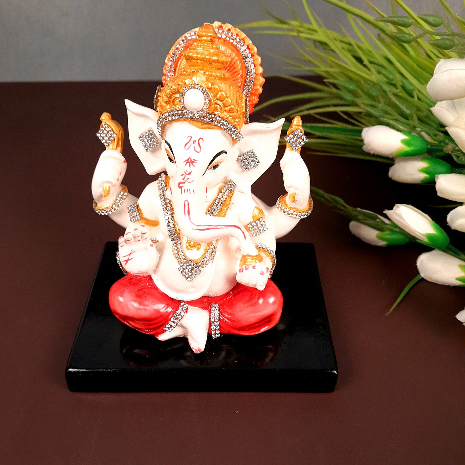 Ganesh Statue With Stone Work | Ganesha Idol Marble Look | Ganpati Murti - Puja, Home, Office Desk, Table Decor, Diwali Gift - 6 Inch - apkamart #Color_Red