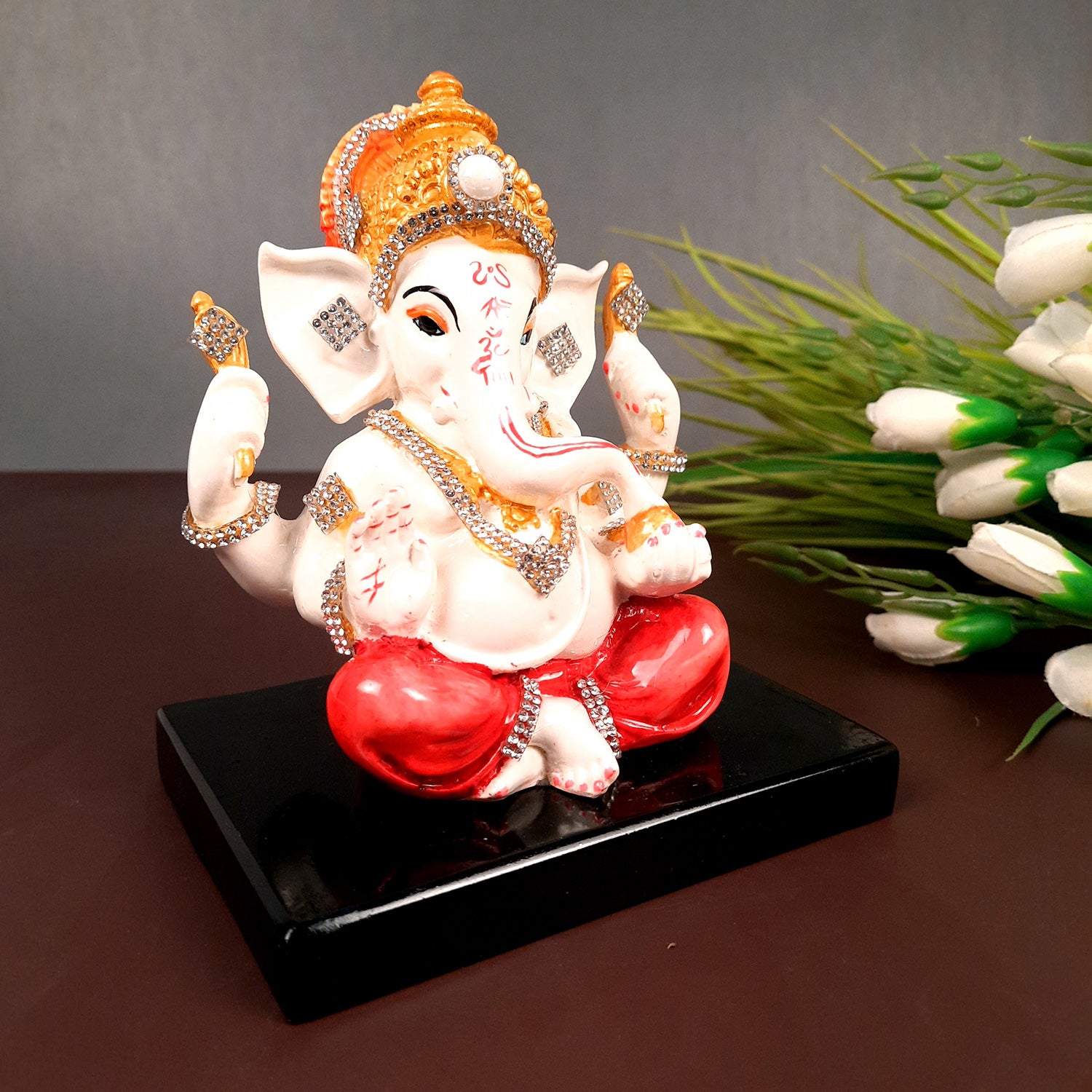 Ganesh Statue With Stone Work | Ganesha Idol Marble Look | Ganpati Murti - Puja, Home, Office Desk, Table Decor, Diwali Gift - 6 Inch - apkamart #Color_Red