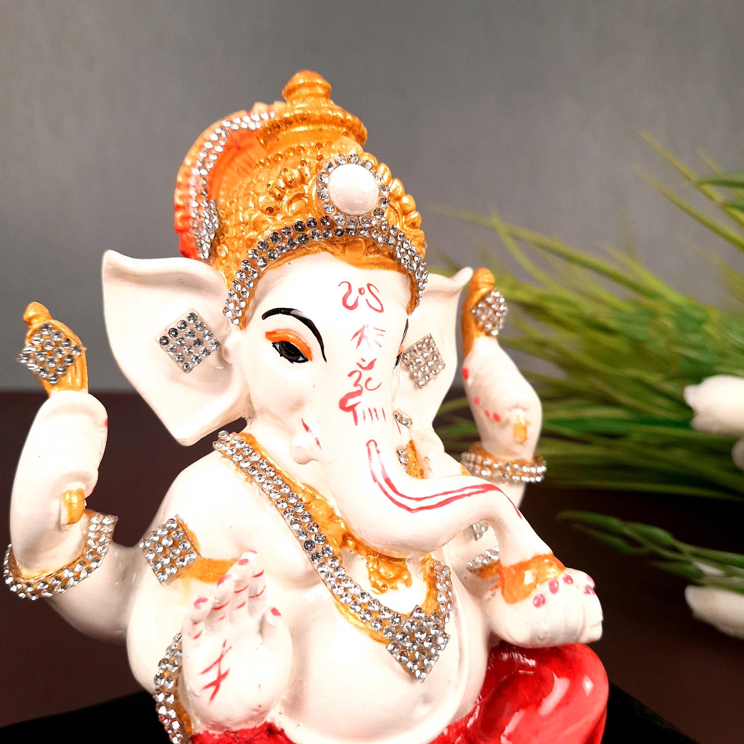 Ganesh Statue With Stone Work | Ganesha Idol Marble Look | Ganpati Murti - Puja, Home, Office Desk, Table Decor, Diwali Gift - 6 Inch - apkamart #Color_Red