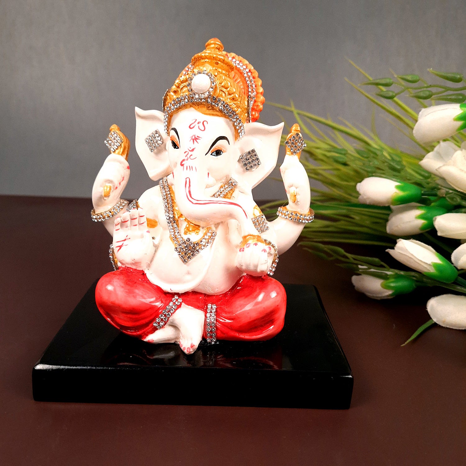 Ganesh Statue With Stone Work | Ganesha Idol Marble Look | Ganpati Murti - Puja, Home, Office Desk, Table Decor, Diwali Gift - 6 Inch - apkamart #Color_Red