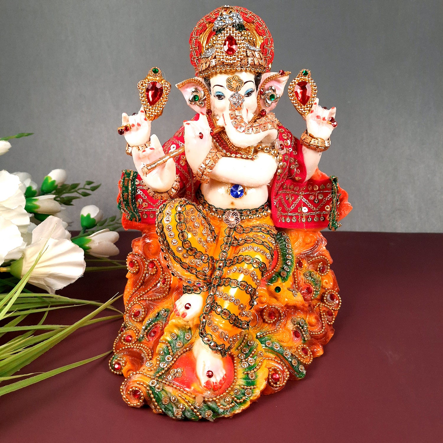 Ganesh Statue - Beads Work With Premium Finish | Ganesha Decorated Idol - for Home, Living Room, Office, Puja, Entrance Decor & Gifts - 10 Inch - Apkamart