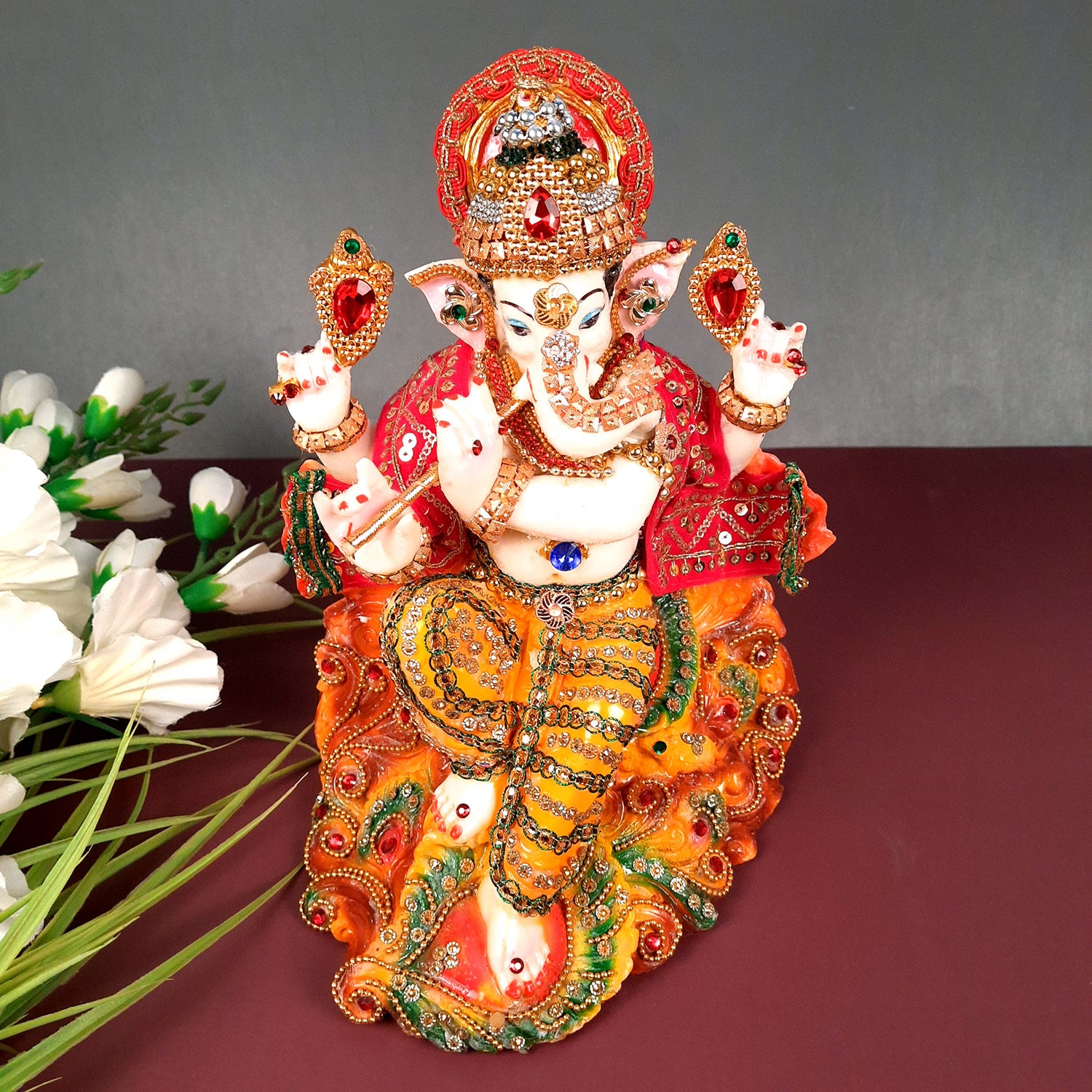 Ganesh Statue - Beads Work With Premium Finish | Ganesha Decorated Idol - for Home, Living Room, Office, Puja, Entrance Decor & Gifts - 10 Inch - Apkamart