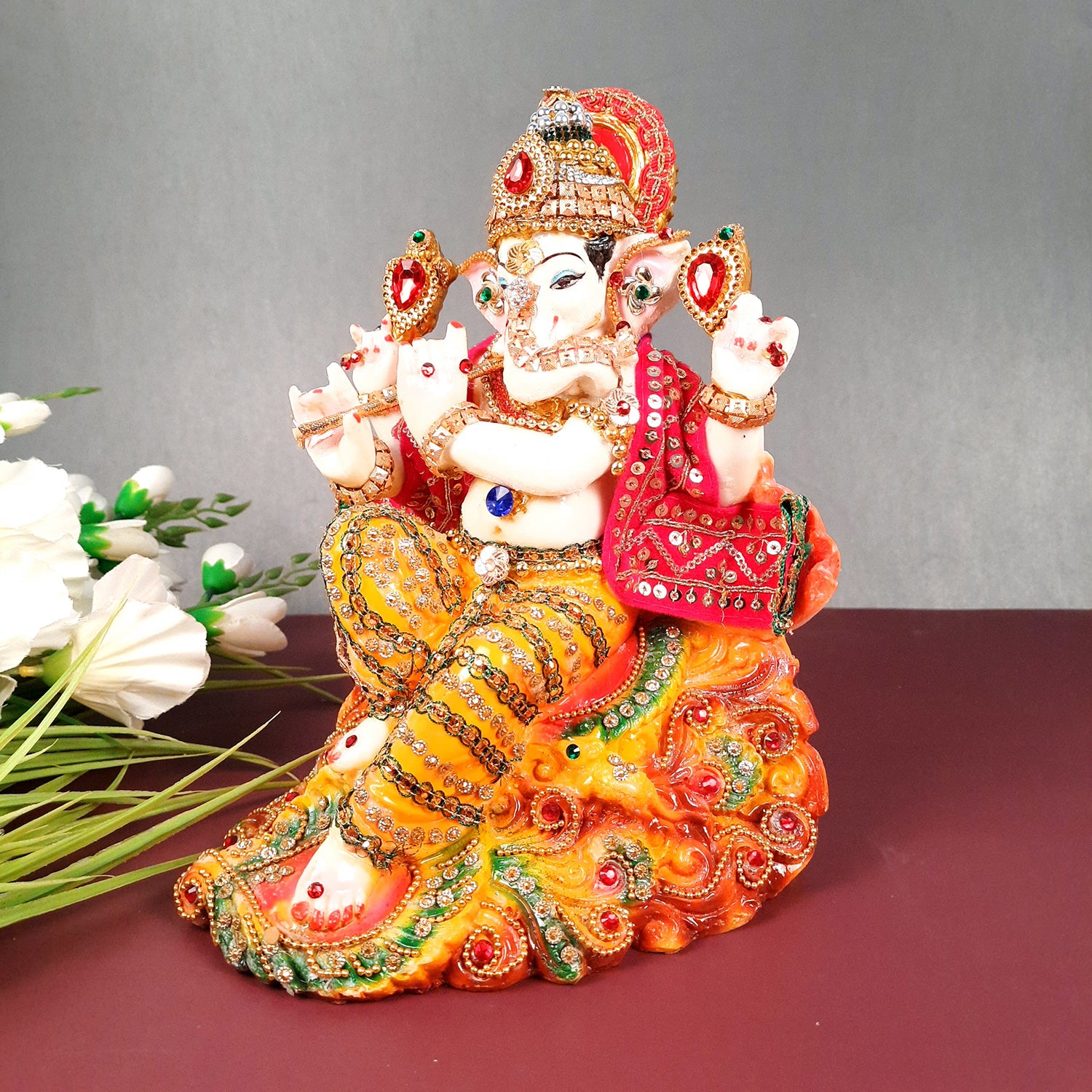 Ganesh Statue - Beads Work With Premium Finish | Ganesha Decorated Idol - for Home, Living Room, Office, Puja, Entrance Decor & Gifts - 10 Inch - Apkamart