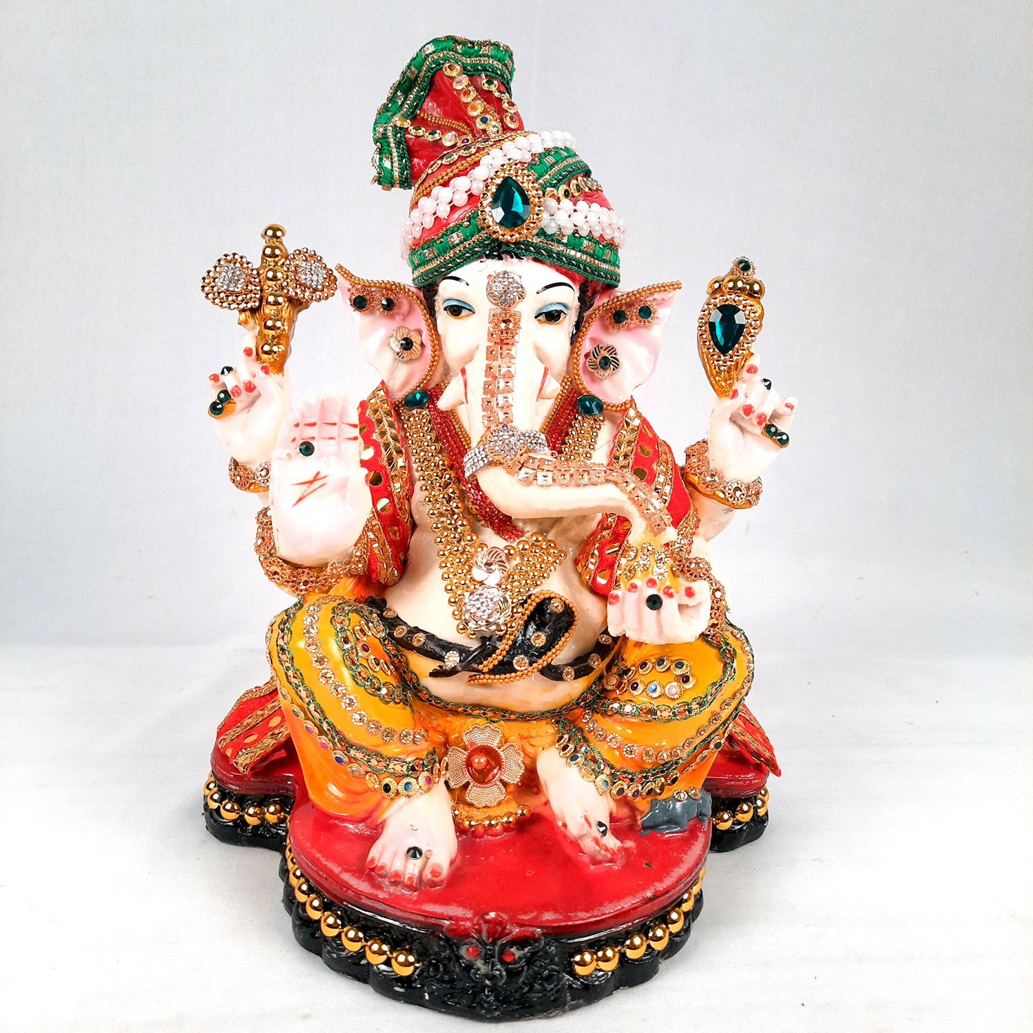 Ganesh Statue With Pagdi - Beads Work With Premium Finish | Ganesha Decorated Idol - for Home, Living Room, Office, Puja, Entrance Decor & Gifts - 11 Inch - apkamart