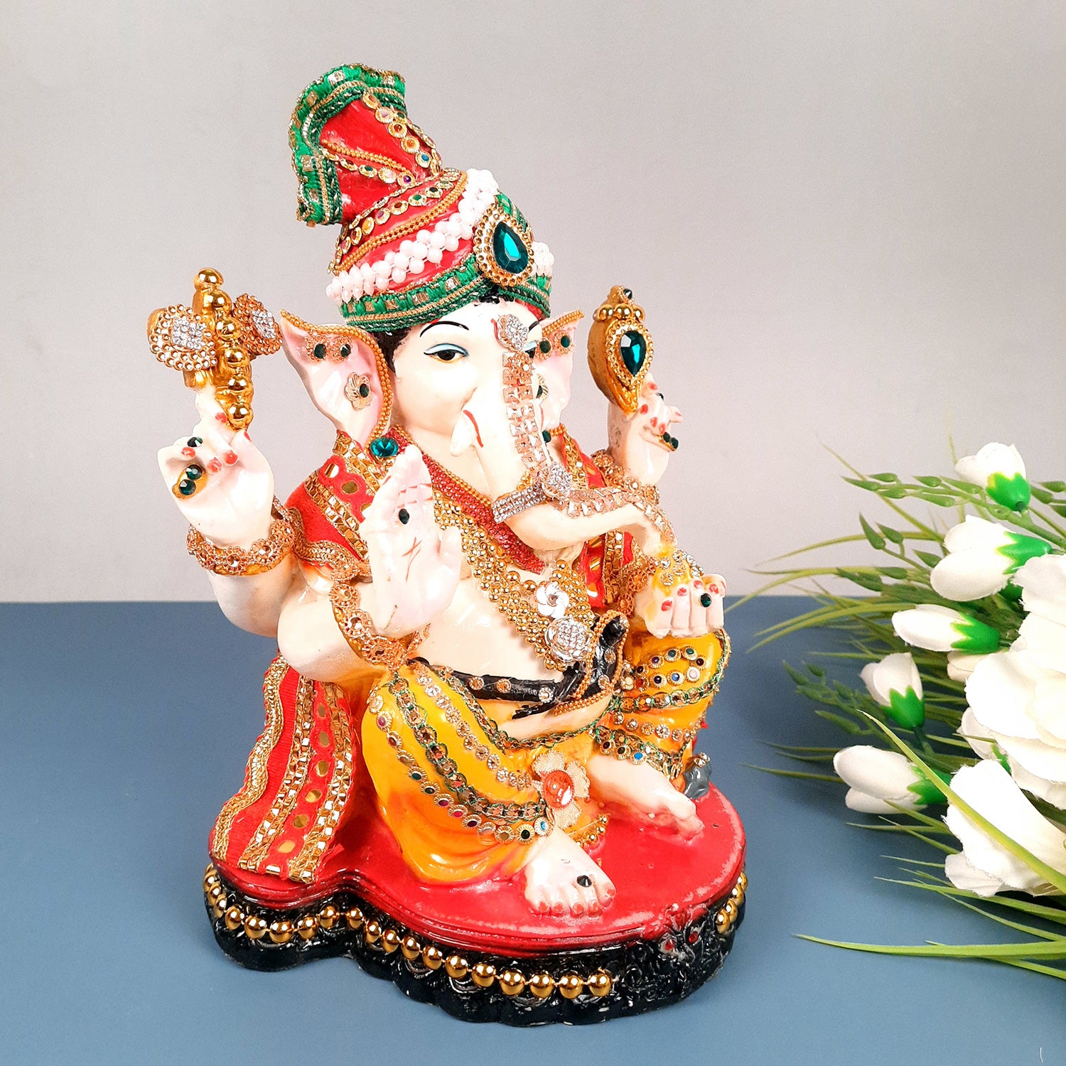 Ganesh Statue With Pagdi - Beads Work With Premium Finish | Ganesha Decorated Idol - for Home, Living Room, Office, Puja, Entrance Decor & Gifts - 11 Inch - apkamart