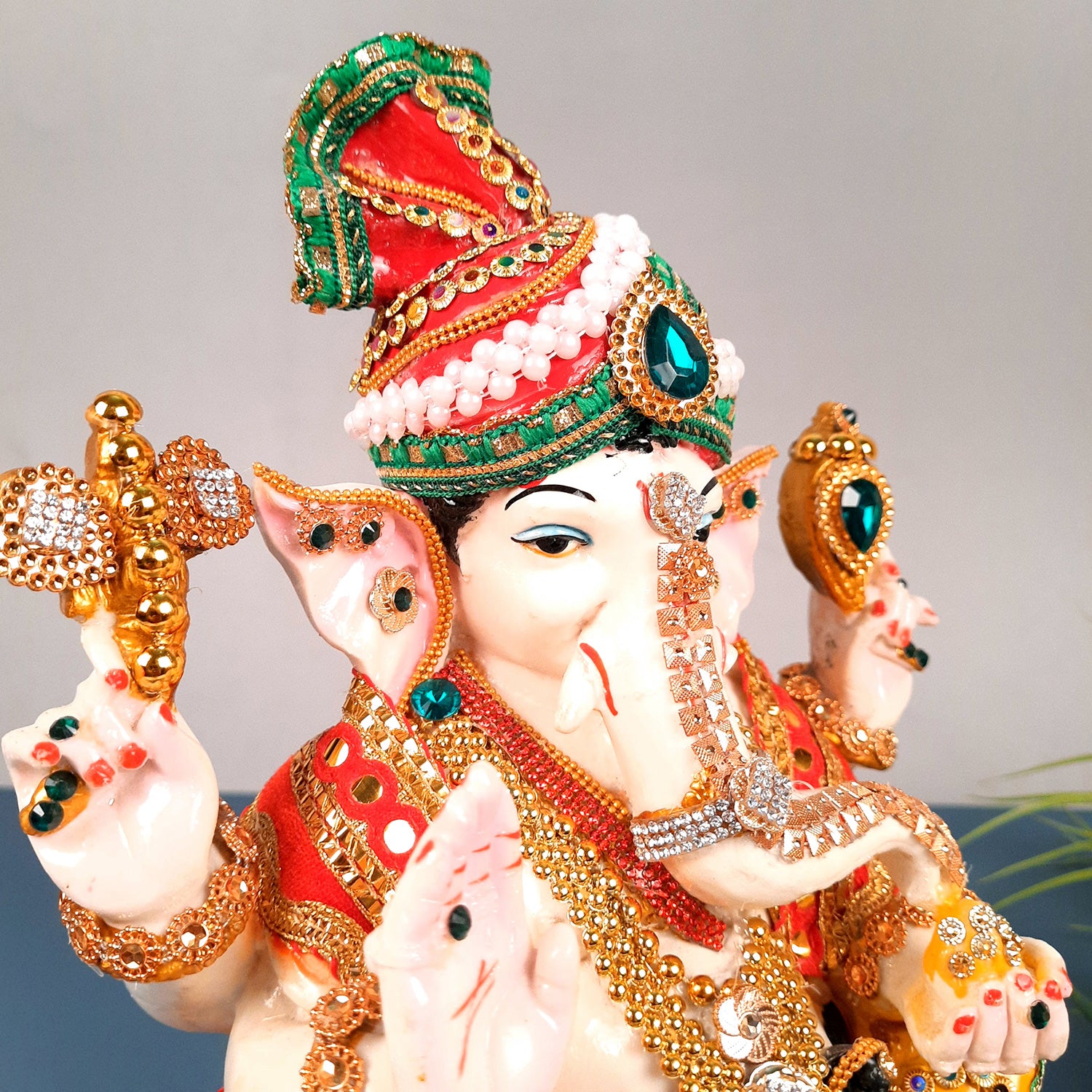 Ganesh Statue With Pagdi - Beads Work With Premium Finish | Ganesha Decorated Idol - for Home, Living Room, Office, Puja, Entrance Decor & Gifts - 11 Inch - apkamart