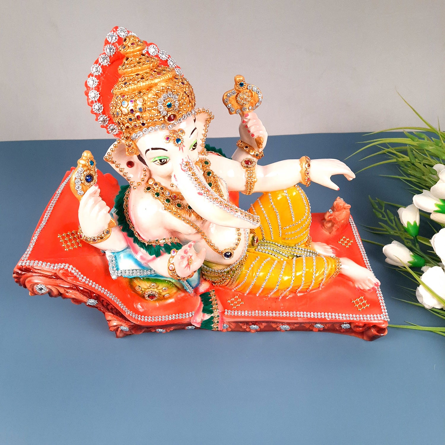 Ganesh Idol Decorated With Beads Work| Ganesha Statue Murti - Puja, Home, Office Desk, Table, Living Room Decor, Diwali Gift - 14 Inch - apkamart