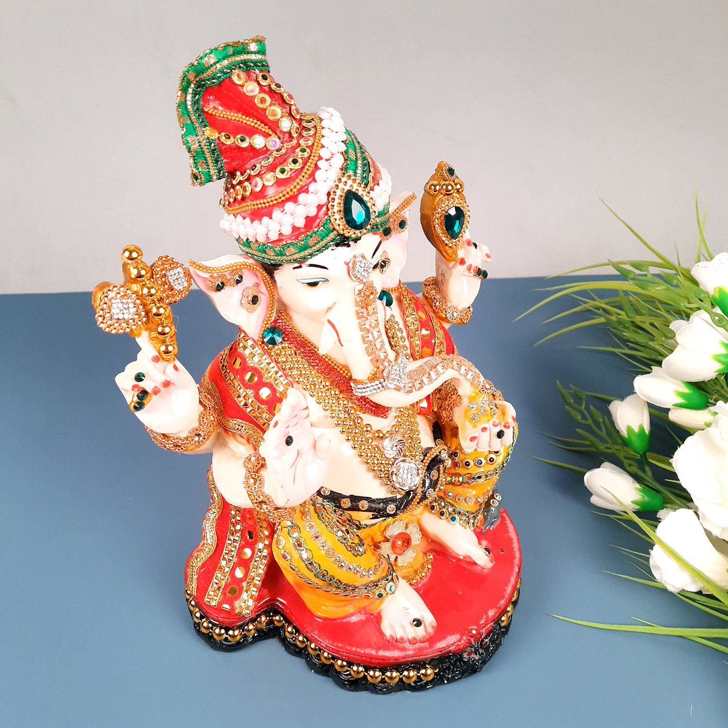 Ganesh Statue With Pagdi - Beads Work With Premium Finish | Ganesha Decorated Idol - for Home, Living Room, Office, Puja, Entrance Decor & Gifts - 11 Inch - apkamart