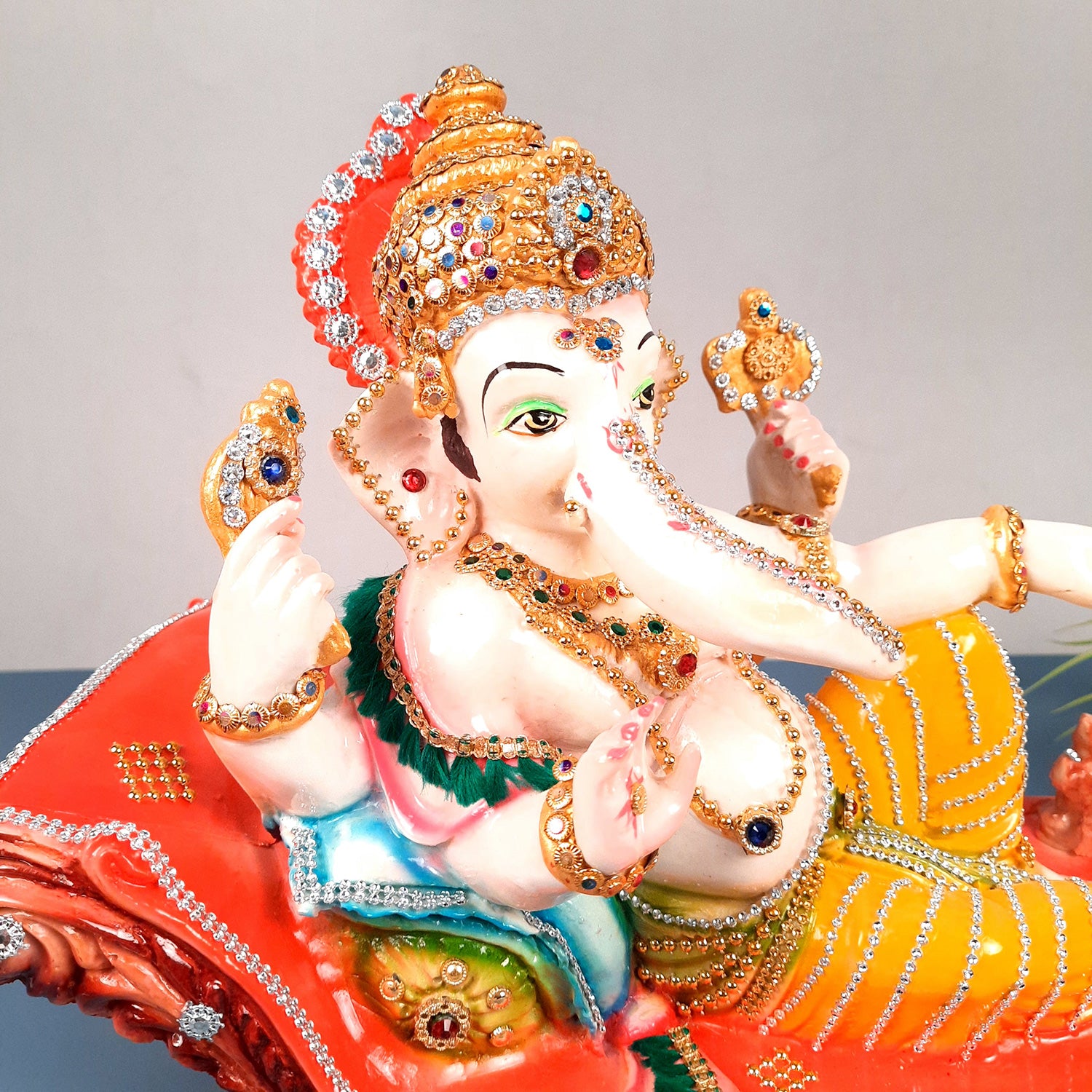 Ganesh Idol Decorated With Beads Work| Ganesha Statue Murti - Puja, Home, Office Desk, Table, Living Room Decor, Diwali Gift - 14 Inch - apkamart