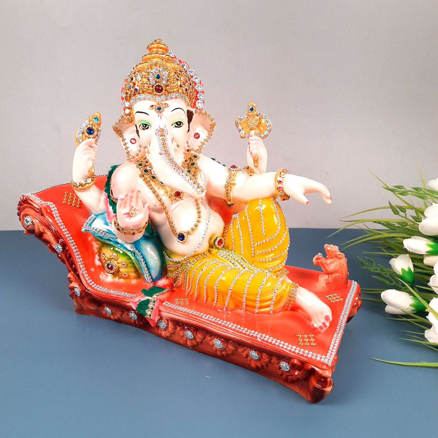 Ganesh Idol Decorated With Beads Work| Ganesha Statue Murti - Puja, Home, Office Desk, Table, Living Room Decor, Diwali Gift - 14 Inch - apkamart