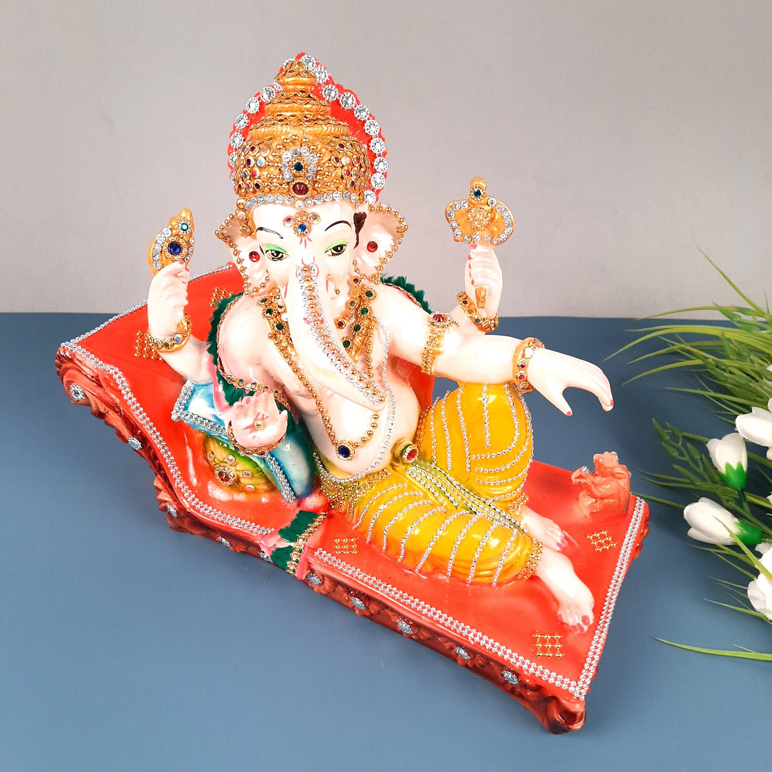 Ganesh Idol Decorated With Beads Work| Ganesha Statue Murti - Puja, Home, Office Desk, Table, Living Room Decor, Diwali Gift - 14 Inch - apkamart