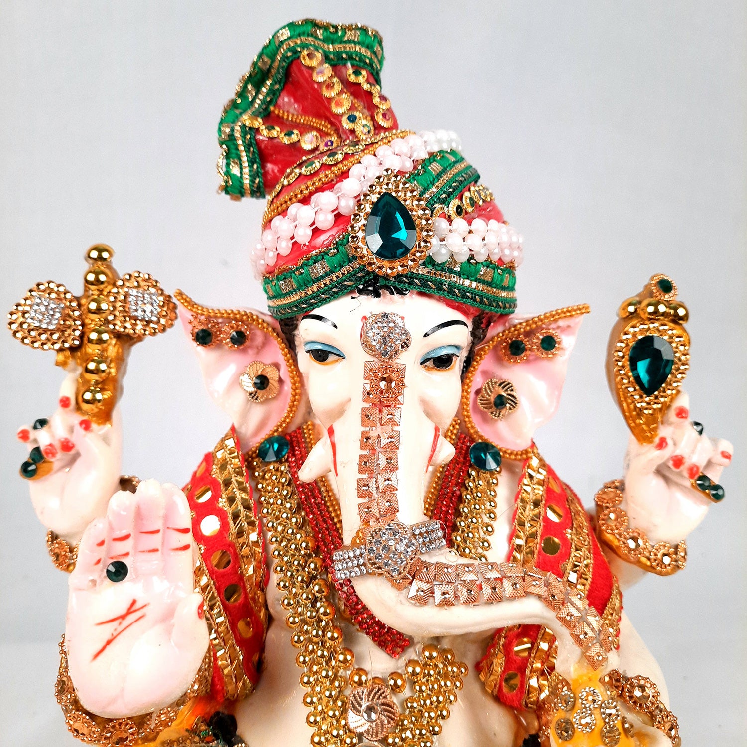 Ganesh Statue With Pagdi - Beads Work With Premium Finish | Ganesha Decorated Idol - for Home, Living Room, Office, Puja, Entrance Decor & Gifts - 11 Inch - apkamart