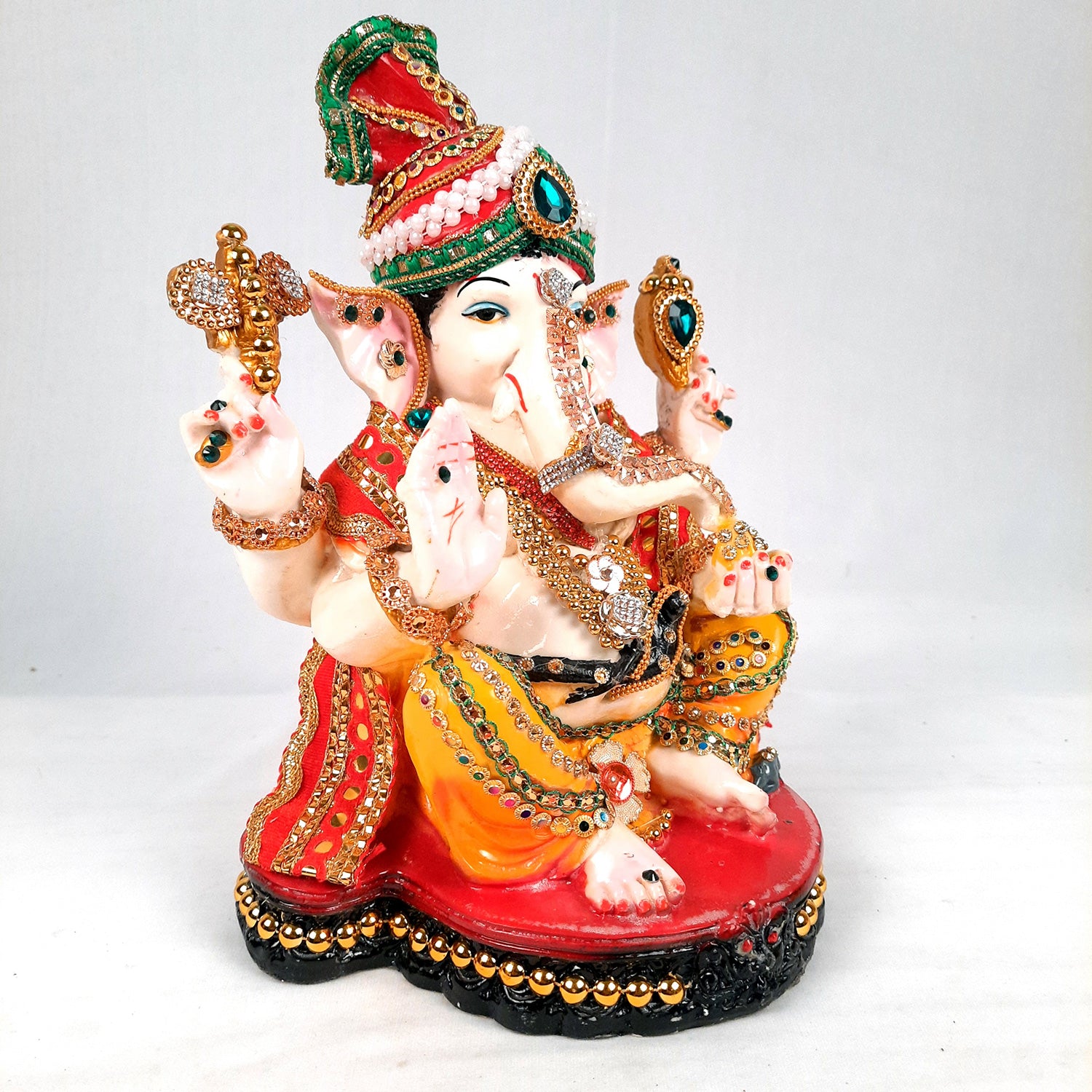 Ganesh Statue With Pagdi - Beads Work With Premium Finish | Ganesha Decorated Idol - for Home, Living Room, Office, Puja, Entrance Decor & Gifts - 11 Inch - apkamart