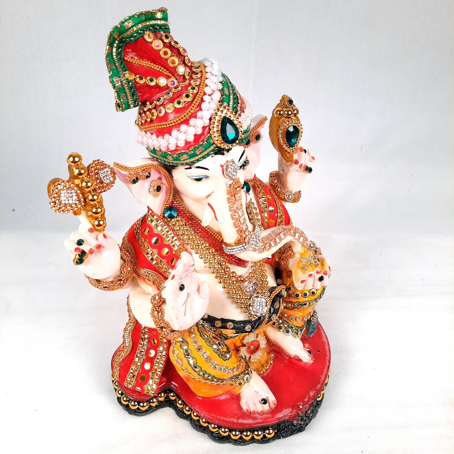 Ganesh Statue With Pagdi - Beads Work With Premium Finish | Ganesha Decorated Idol - for Home, Living Room, Office, Puja, Entrance Decor & Gifts - 11 Inch - apkamart