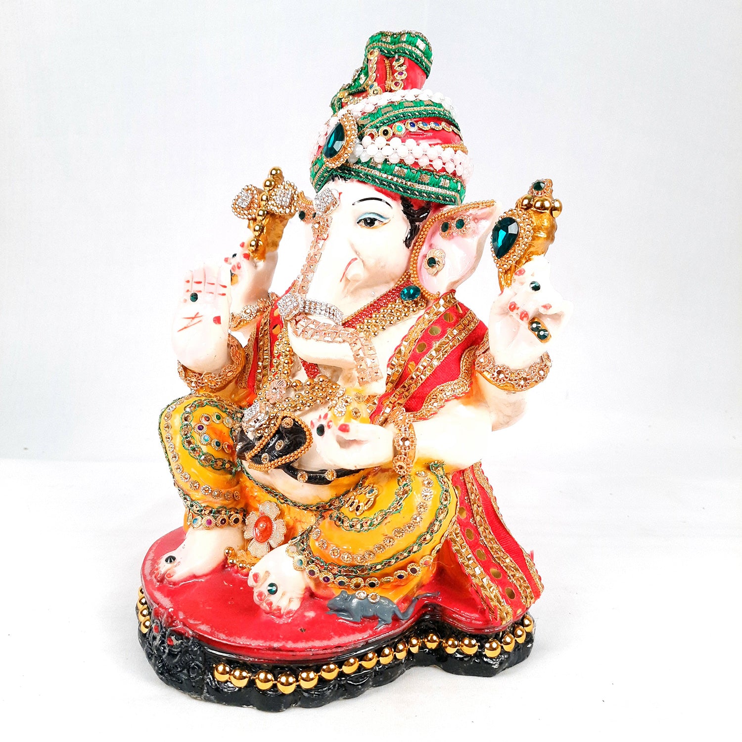 Ganesh Statue With Pagdi - Beads Work With Premium Finish | Ganesha Decorated Idol - for Home, Living Room, Office, Puja, Entrance Decor & Gifts - 11 Inch - apkamart