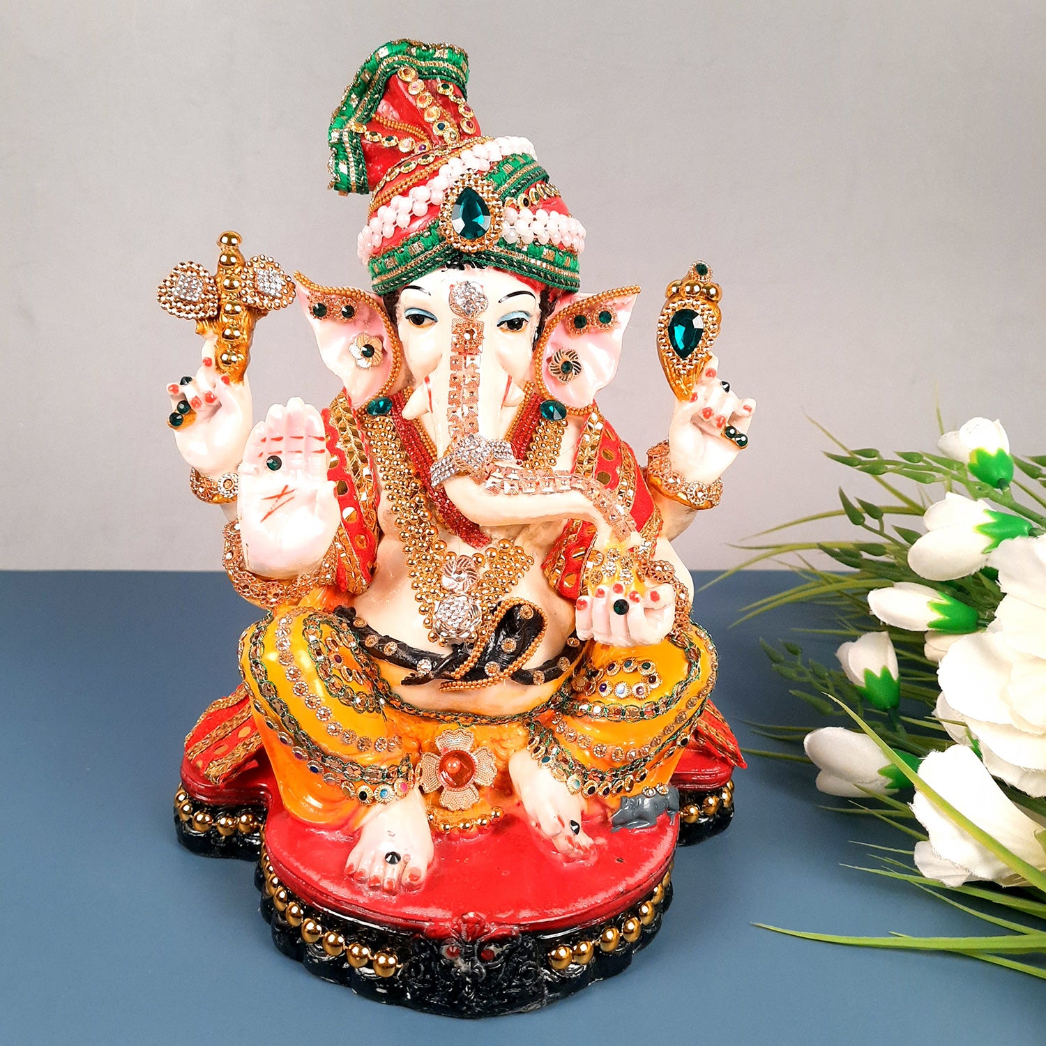 Ganesh Statue With Pagdi - Beads Work With Premium Finish | Ganesha Decorated Idol - for Home, Living Room, Office, Puja, Entrance Decor & Gifts - 11 Inch - apkamart