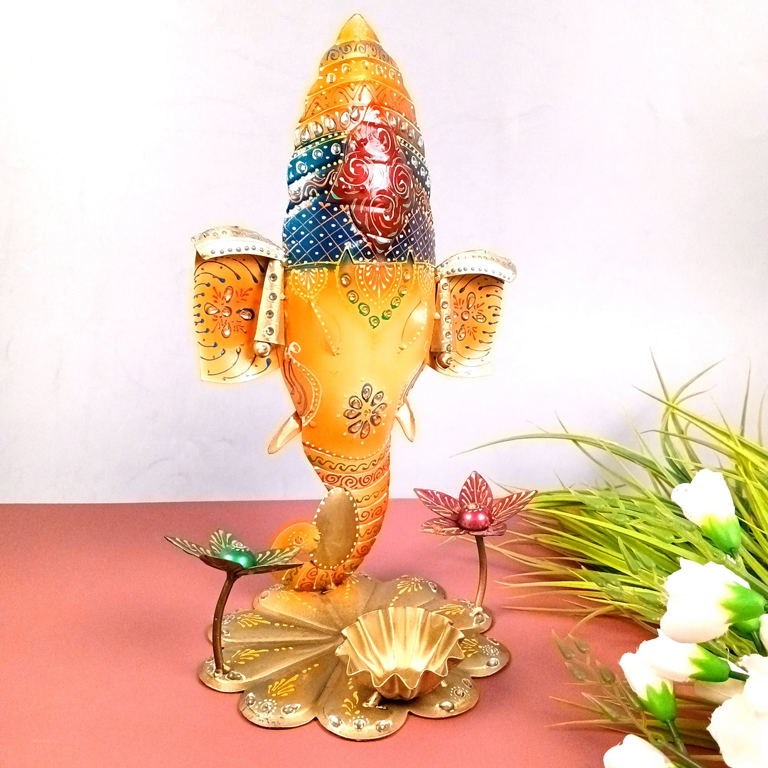 Ganesha Showpiece with Tea Light Candle Holder - for Home, Table, Living Room, Dining Room, Bedroom, Diwali Decor & Gifts - 15 Inch - Apkamart