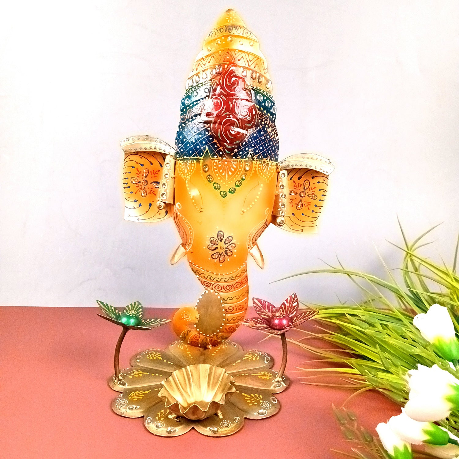 Ganesha Showpiece with Tea Light Candle Holder - for Home, Table, Living Room, Dining Room, Bedroom, Diwali Decor & Gifts - 15 Inch - Apkamart