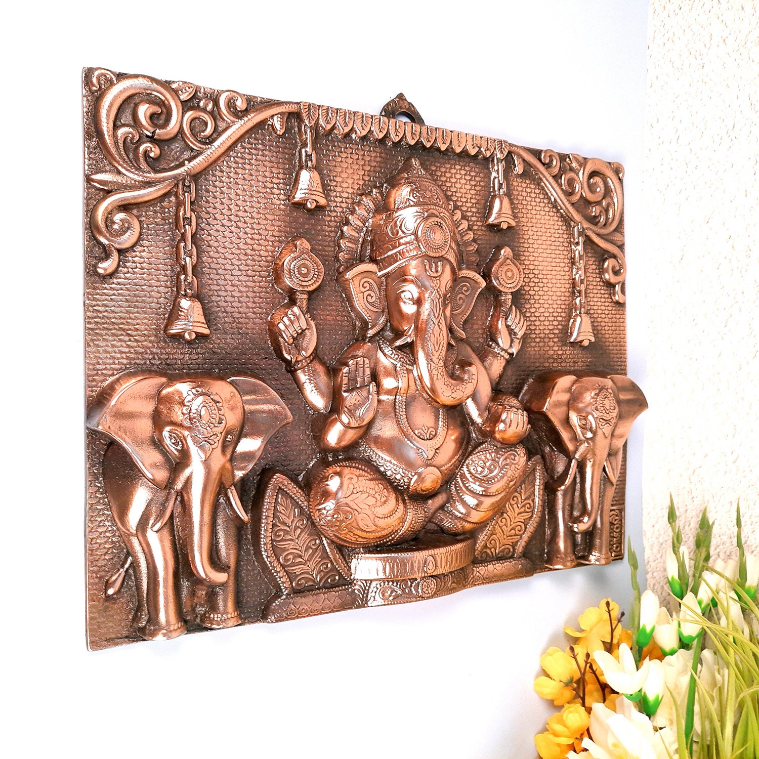 Ganesh Wall Hanging Statue With Elephants | Lord Ganesha Wall Art - for Home, Puja, Living Room & Office | Religious & Spiritual Decor - 17 inch - apkamart